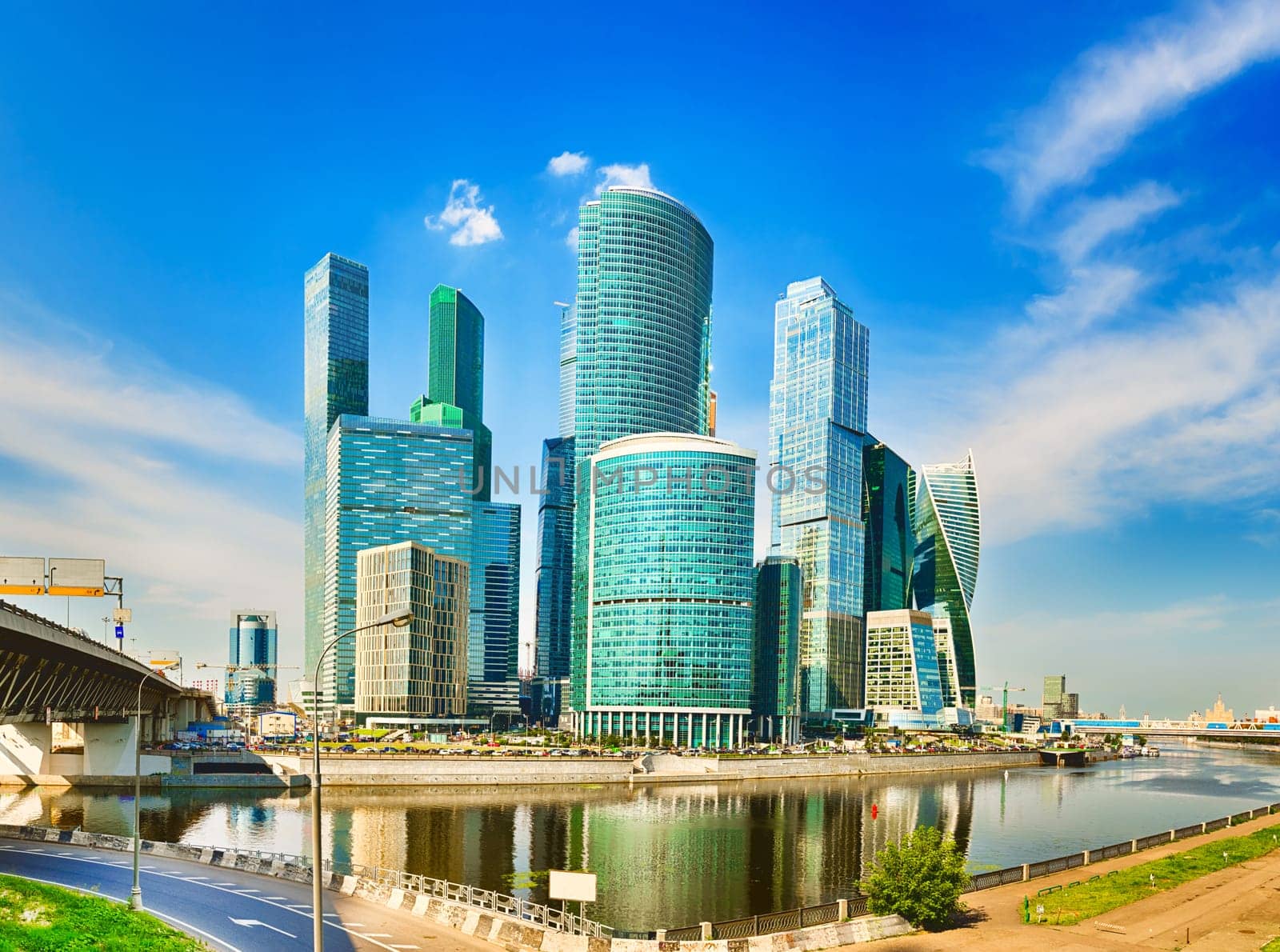 Moscow City skyline . Moscow International Business Centre at day time with Moskva river in foreground