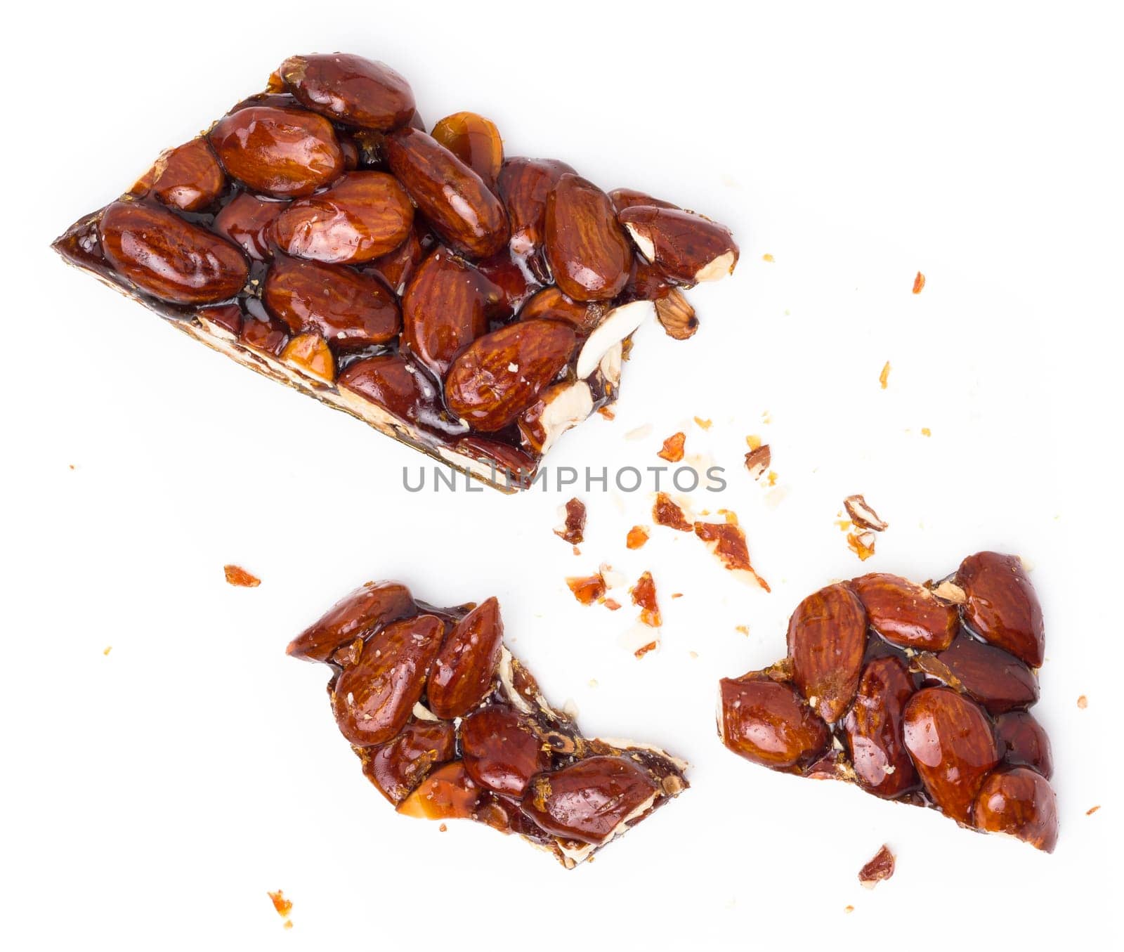 Caramelized almonds. Classic Sicilian Nougat composed of almonds and sugar. The nougat has been broken