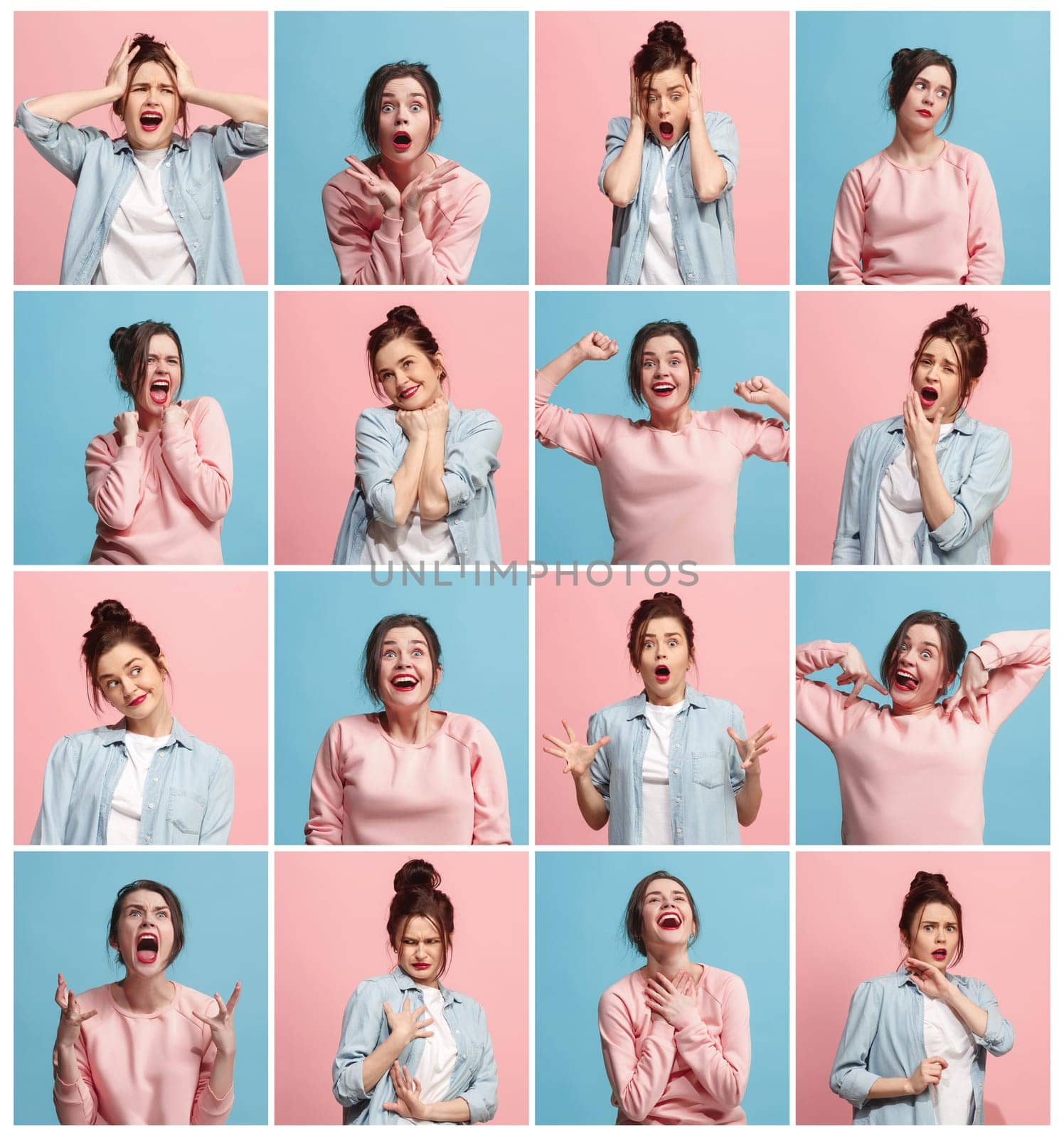 The collage of different human facial expressions, emotions and feelings of young woman. Happy businesswoman standing and smiling isolated on studio background. Human emotions, facial expression concept.