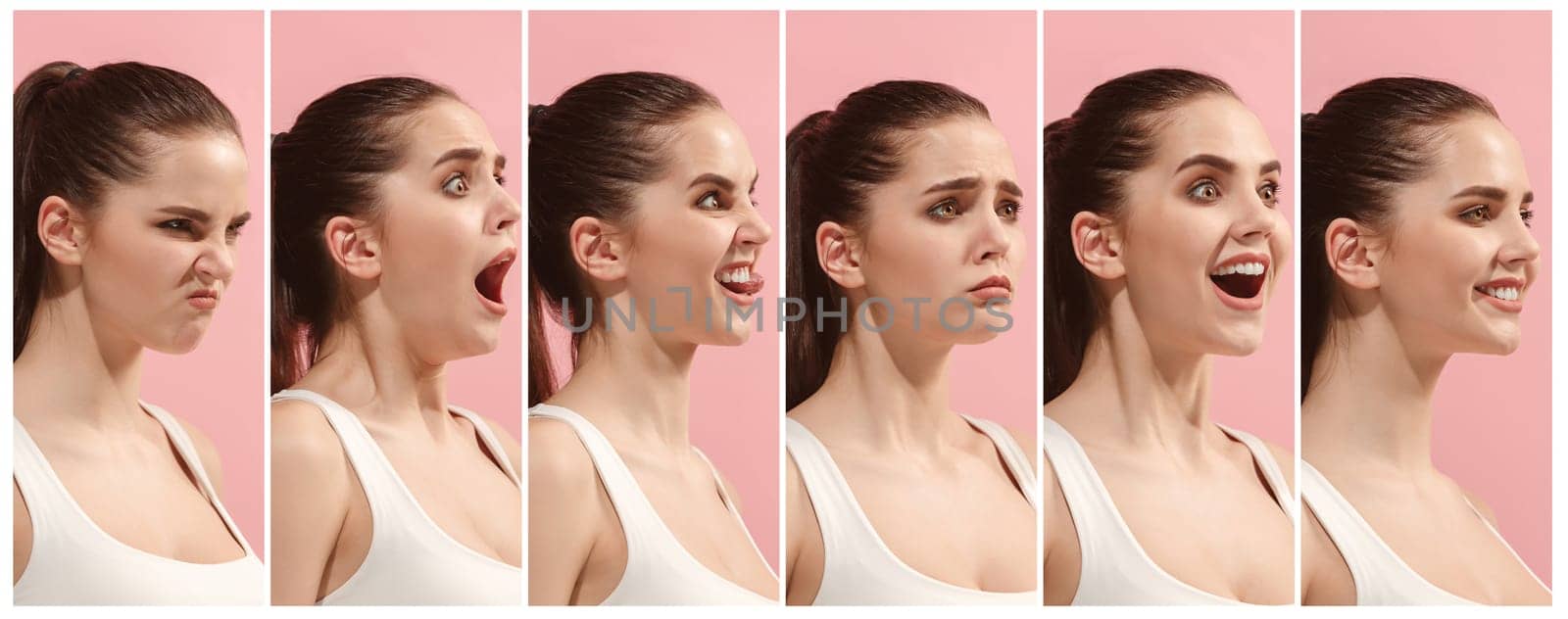 The collage of different human facial expressions, emotions and feelings of young woman. Happy businesswoman standing and smiling isolated on studio background. Human emotions, facial expression concept.