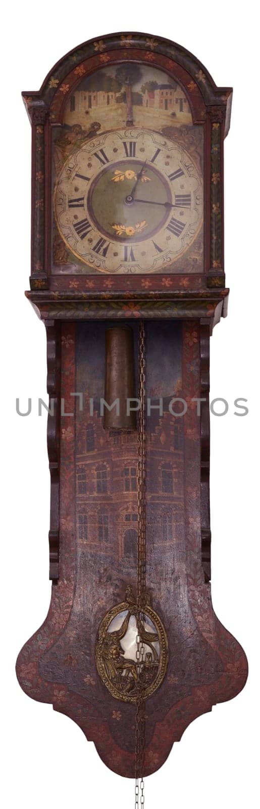 Vintage hanging clock isolated on white background.