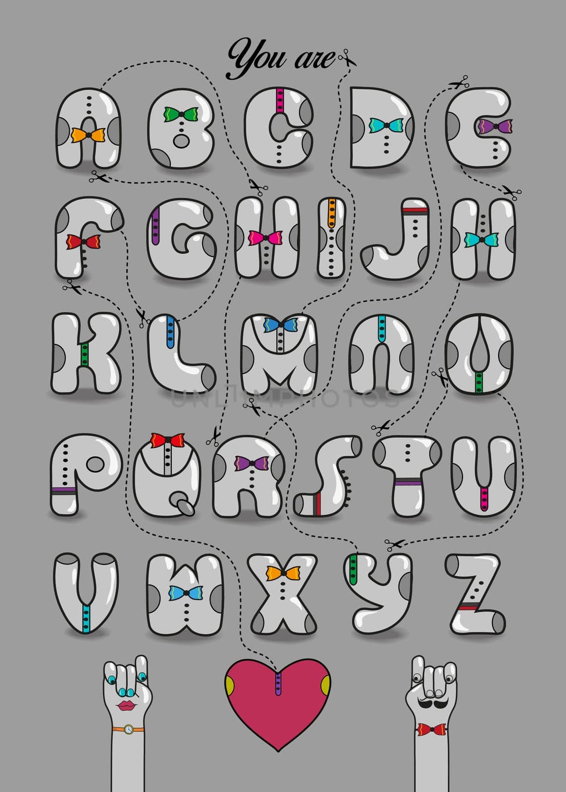 Artistic alphabet with encrypted romantic message. You are my other half. Gray letters with colorful ties. Funny cartoon hands looking at each other. Red heart is as the end of message. Black lines with scissors. Illustration