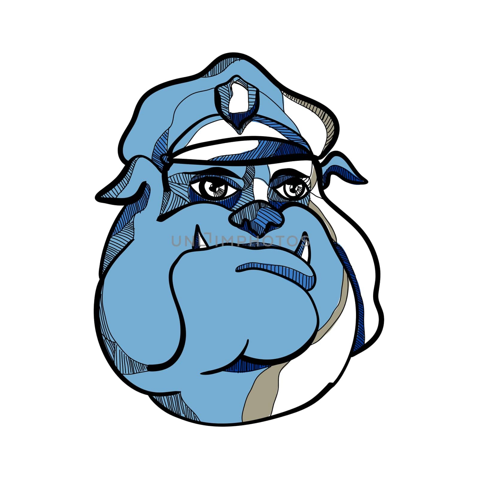 Drawing sketch style illustration of head of a bulldog policeman or police officer wearing a peaked cap or peaked hat