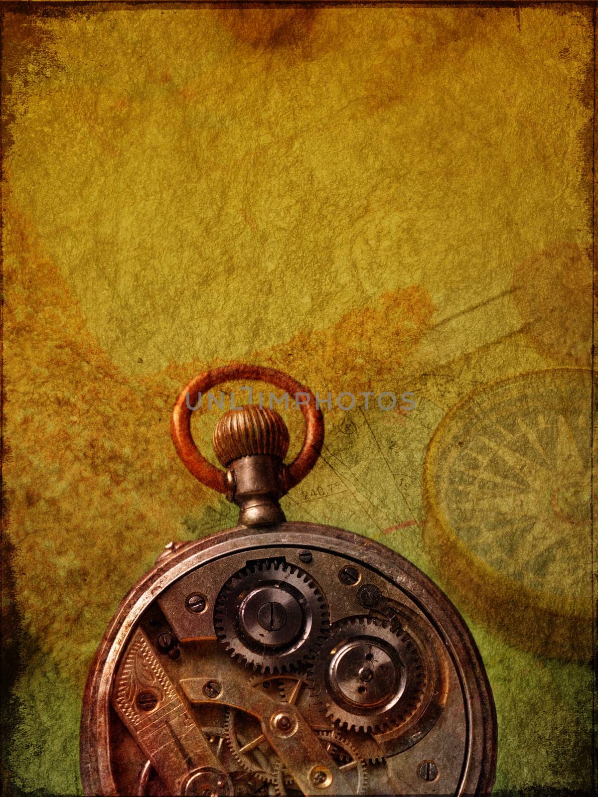 Old used clock on a textured background with space for text or image
