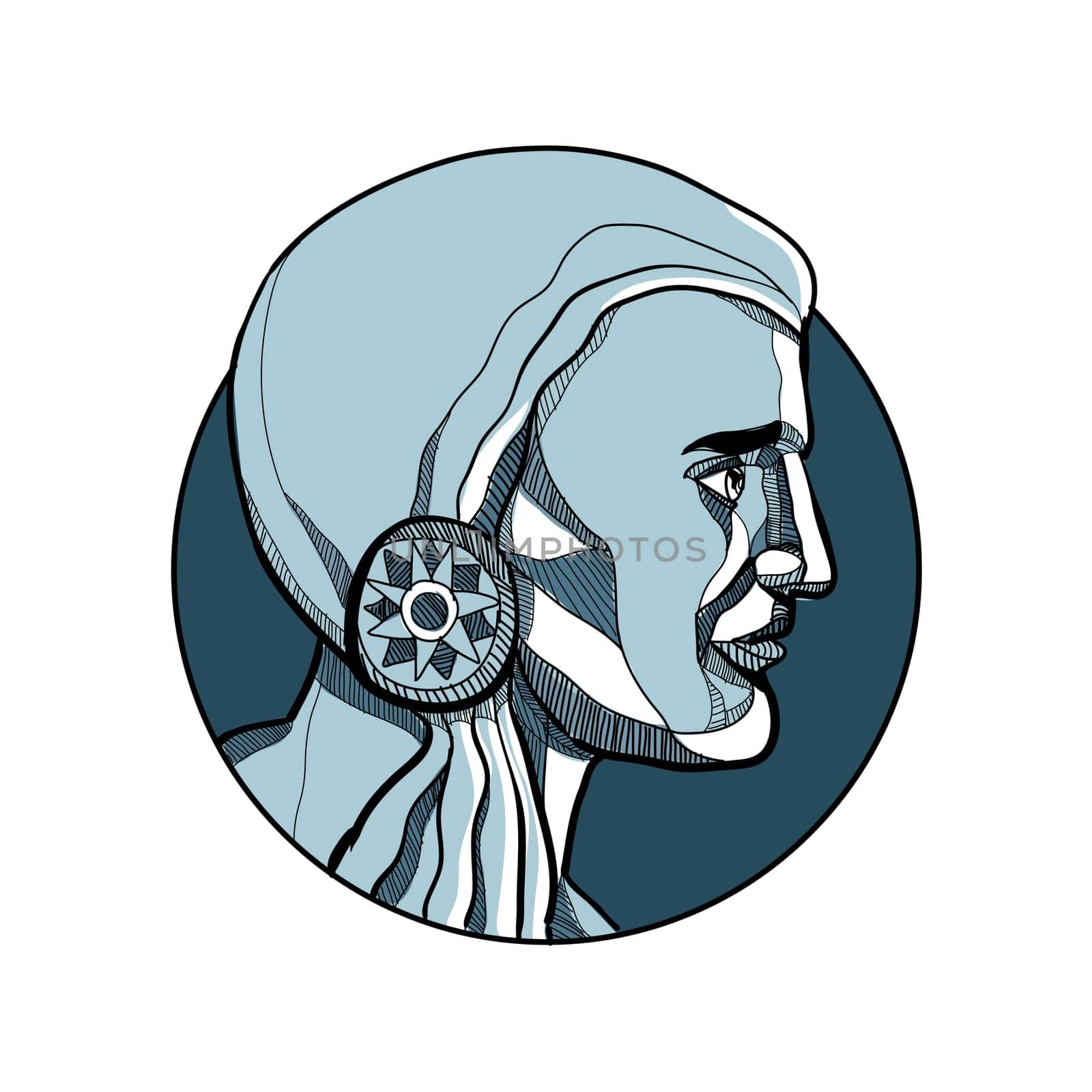Drawing sketch style illustration of a Native American Indian brave or warrior viewed from side set inside circle on isolated background.
