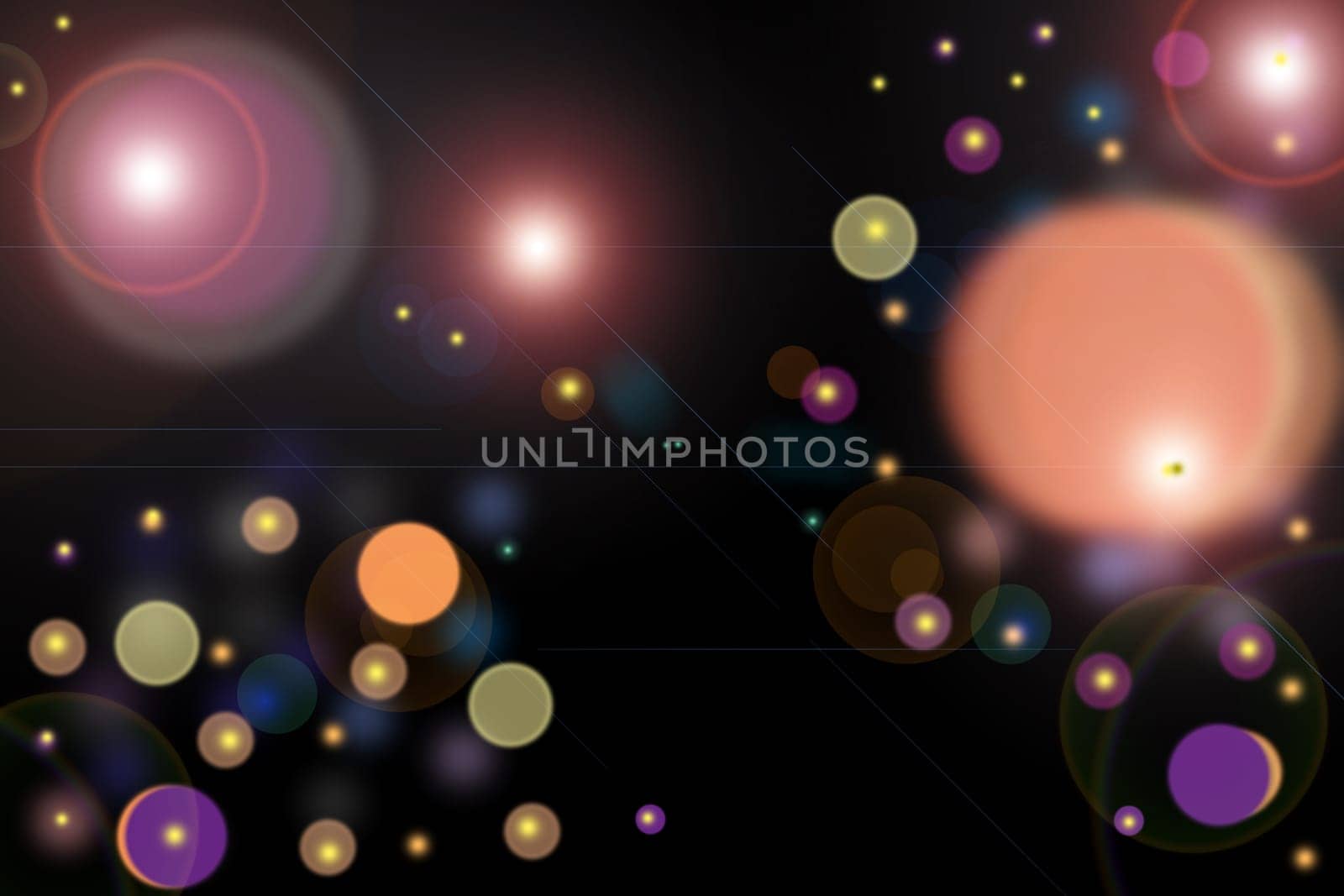 Abstract colorful bokeh with glowing circles on a black background with fine or thin connecting lines