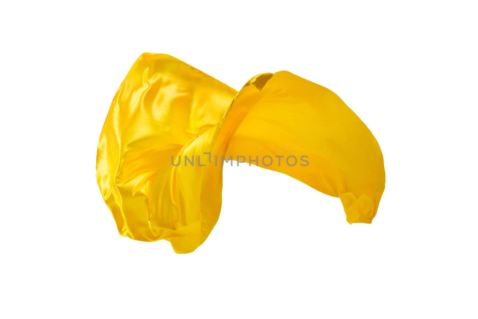 Smooth elegant transparent yellow cloth isolated or separated on white studio background. Texture of flying fabric.