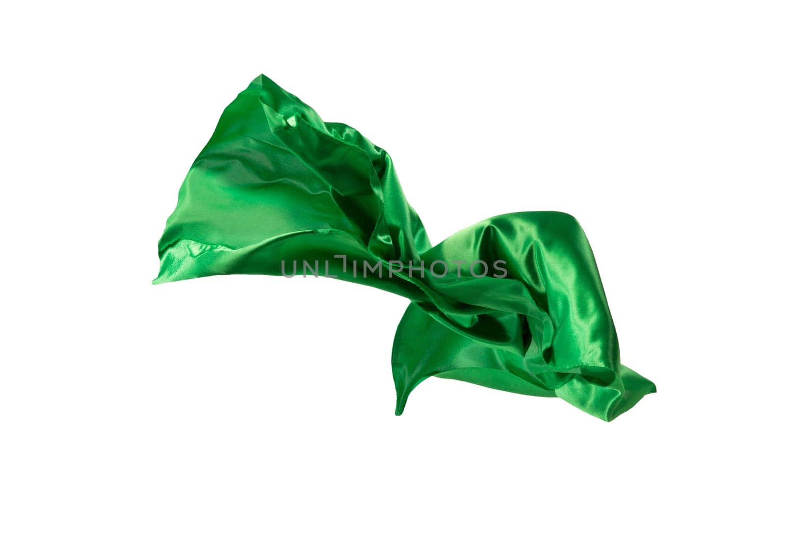 Smooth elegant transparent green cloth isolated or separated on white studio background. Texture of flying fabric.