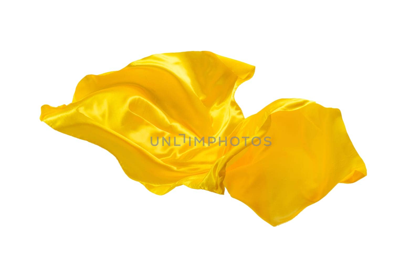 Smooth elegant transparent yellow cloth isolated or separated on white studio background. Texture of flying fabric.