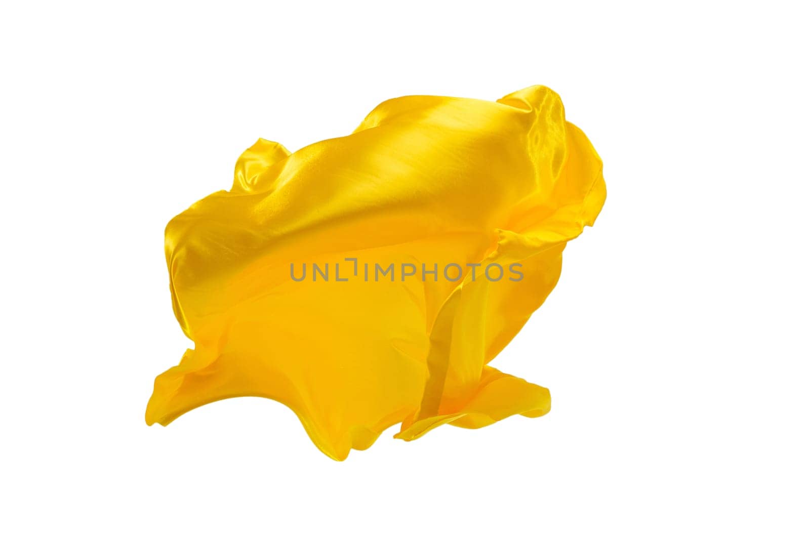 Smooth elegant transparent yellow cloth isolated or separated on white studio background. Texture of flying fabric.