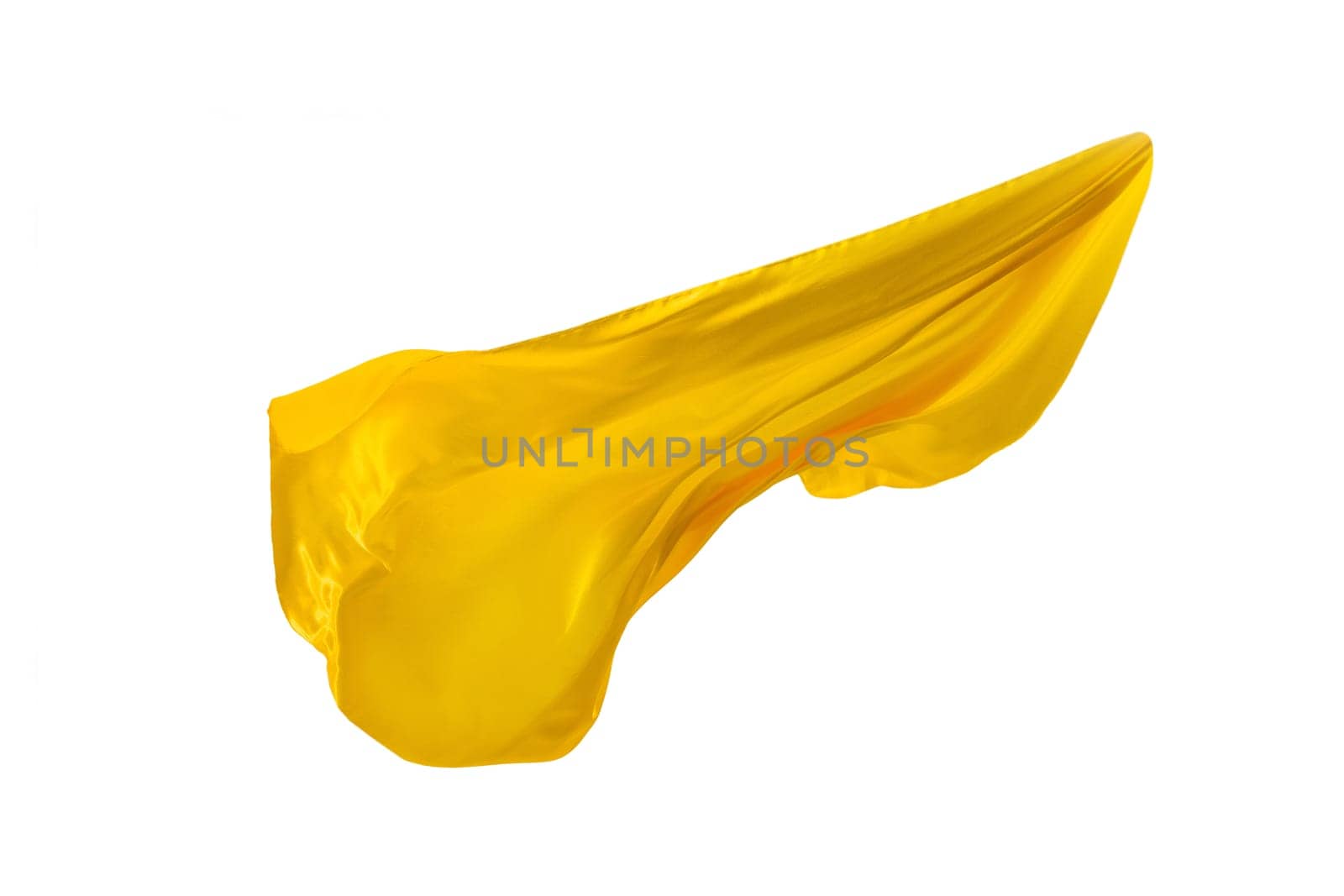 Smooth elegant transparent yellow cloth isolated or separated on white studio background. Texture of flying fabric.