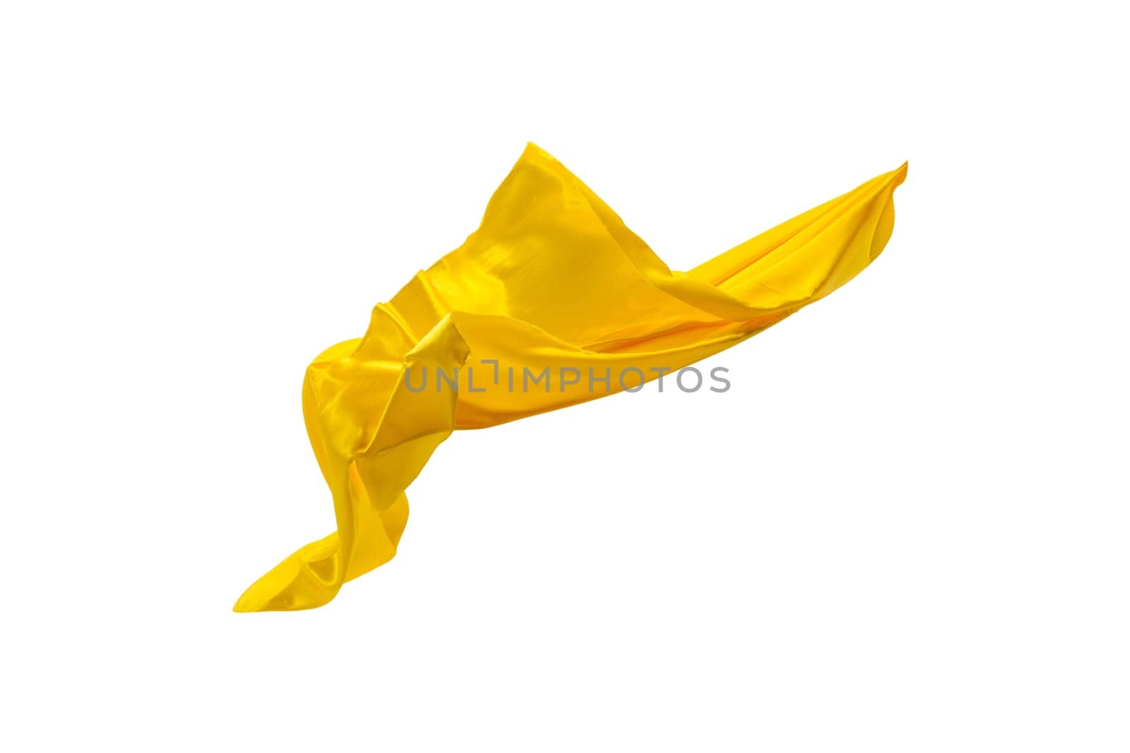 Smooth elegant transparent yellow cloth isolated or separated on white studio background. Texture of flying fabric.