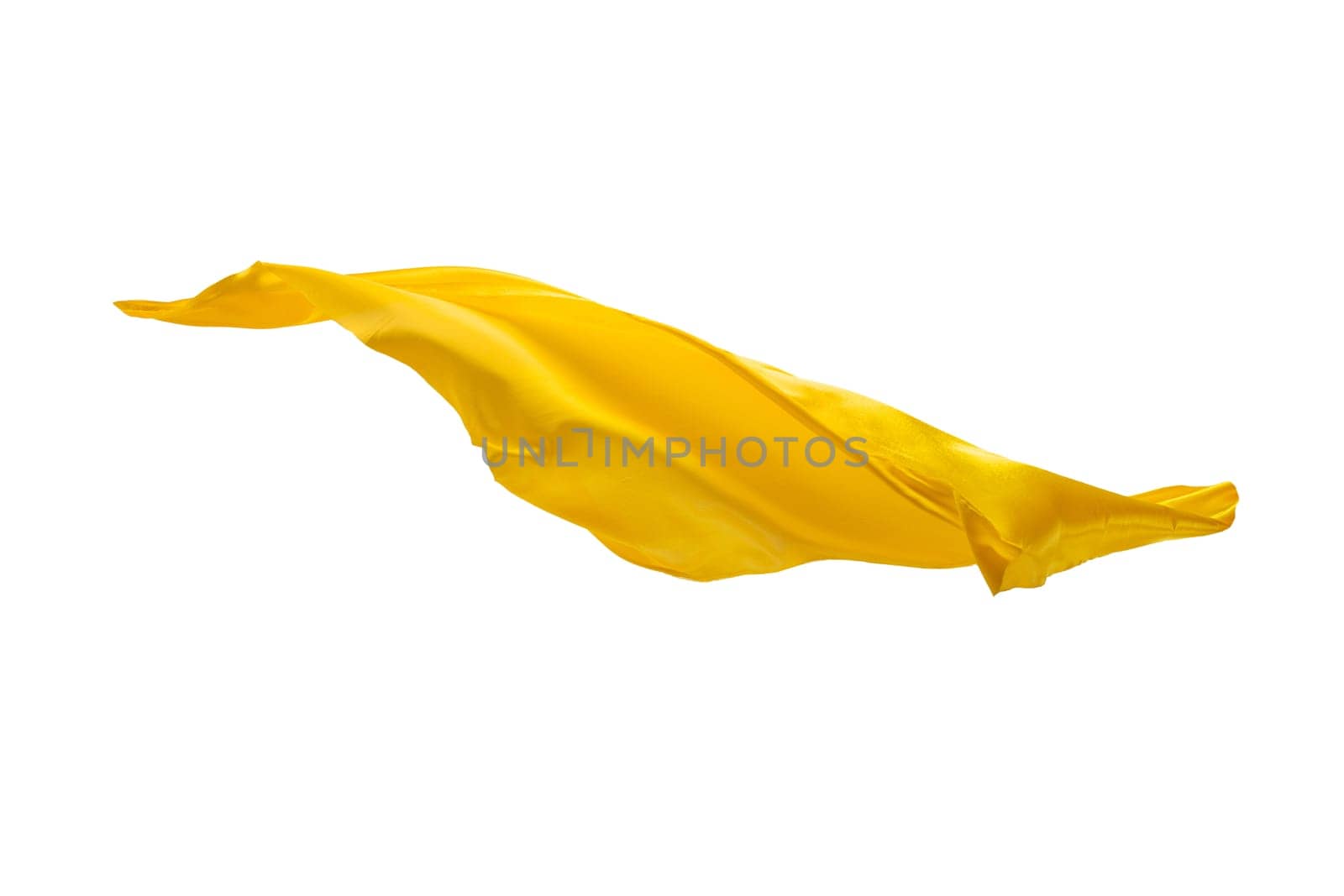 Smooth elegant transparent yellow cloth isolated or separated on white studio background. Texture of flying fabric.