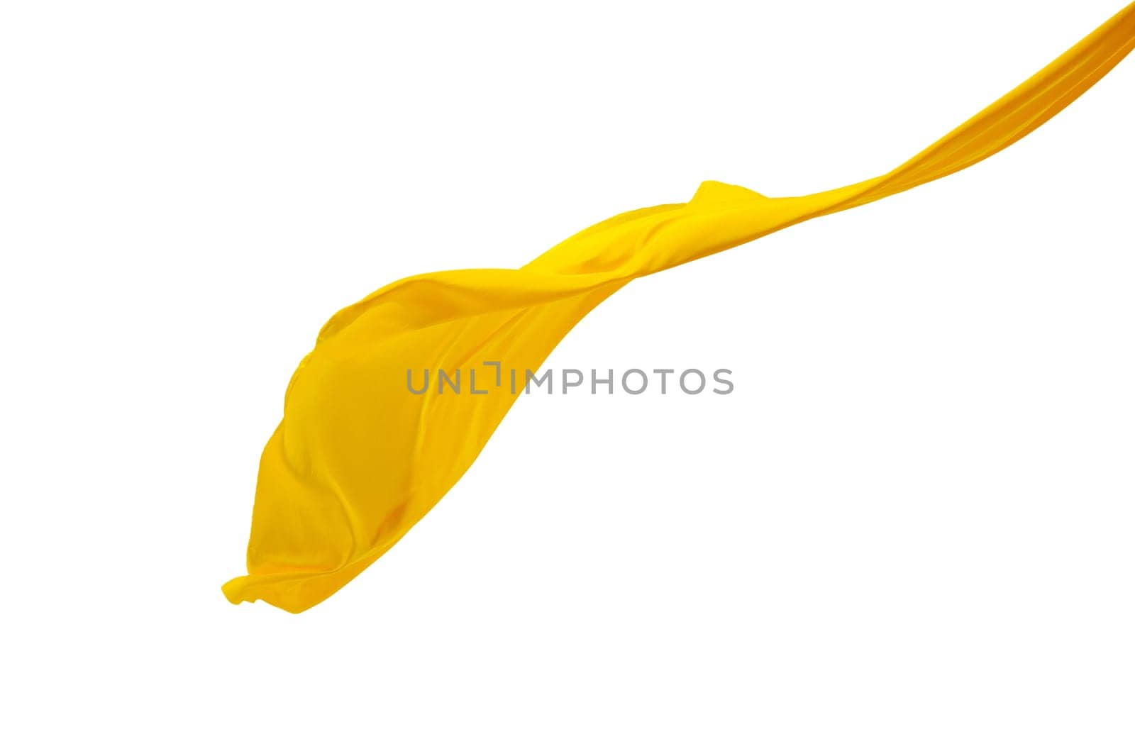Smooth elegant transparent yellow cloth isolated or separated on white studio background. Texture of flying fabric.