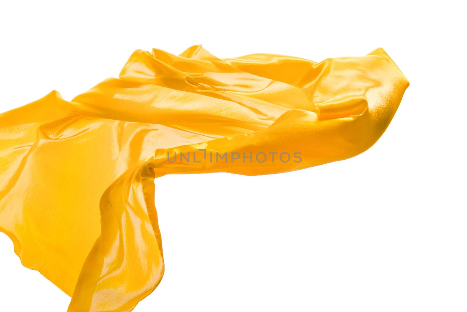 Smooth elegant transparent yellow cloth isolated or separated on white studio background. Texture of flying fabric.