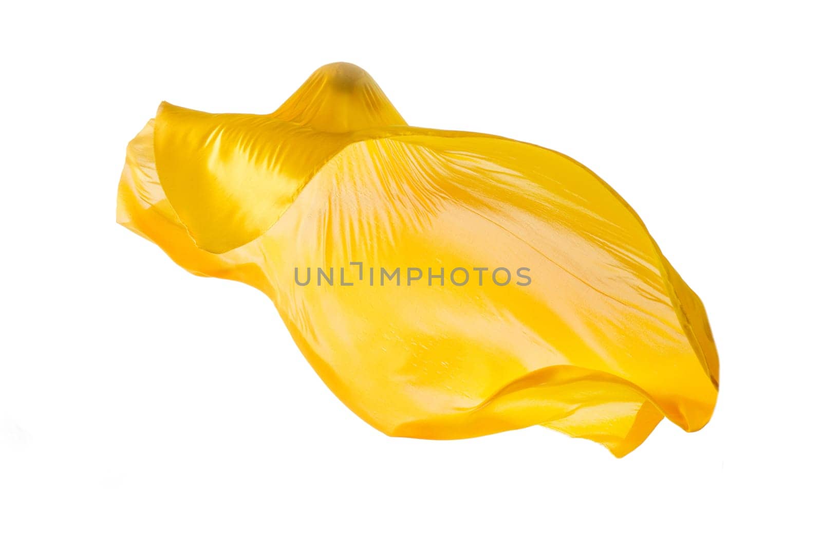 Smooth elegant transparent yellow cloth isolated or separated on white studio background. Texture of flying fabric.