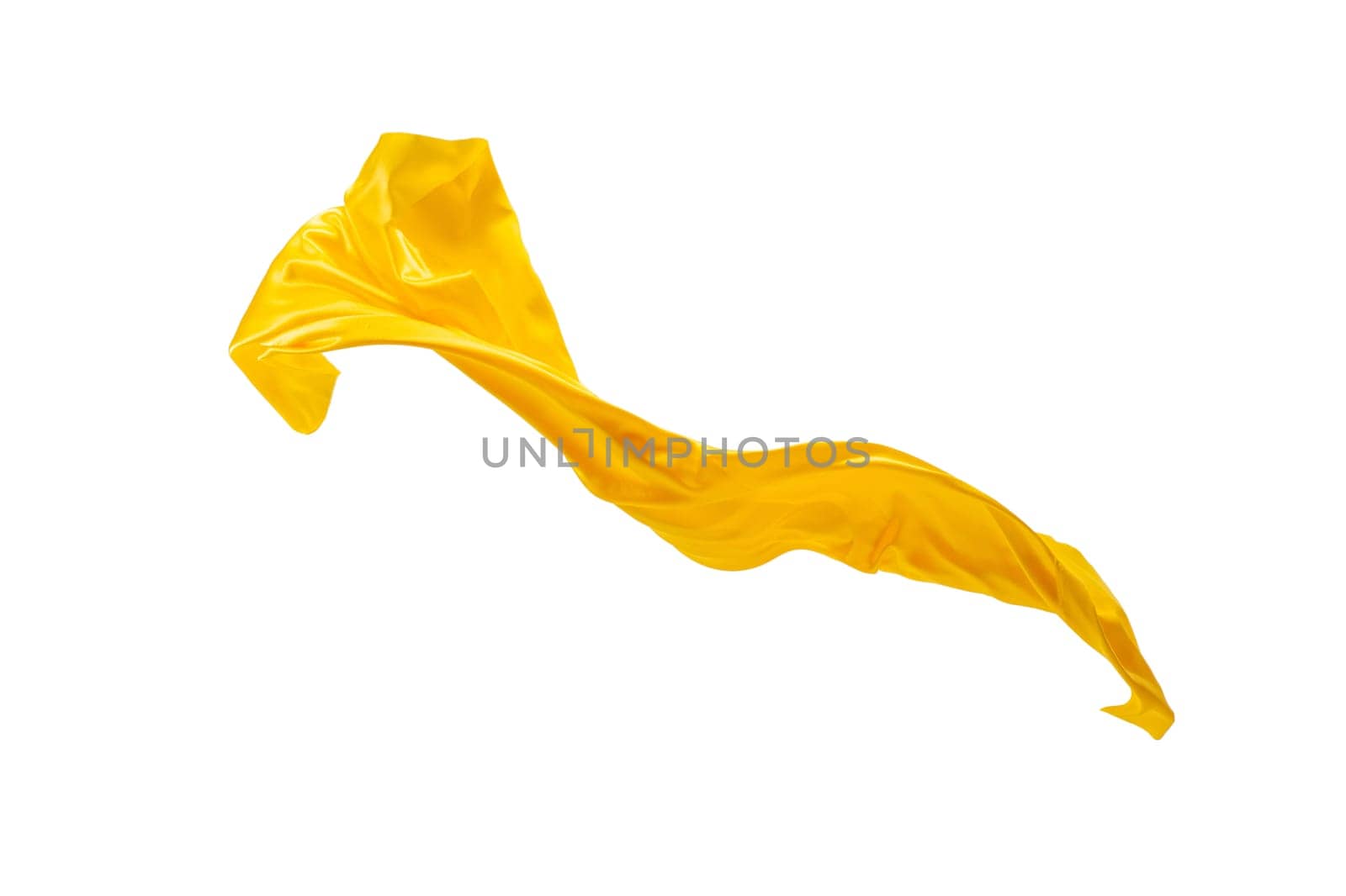 Smooth elegant transparent yellow cloth isolated or separated on white studio background. Texture of flying fabric.