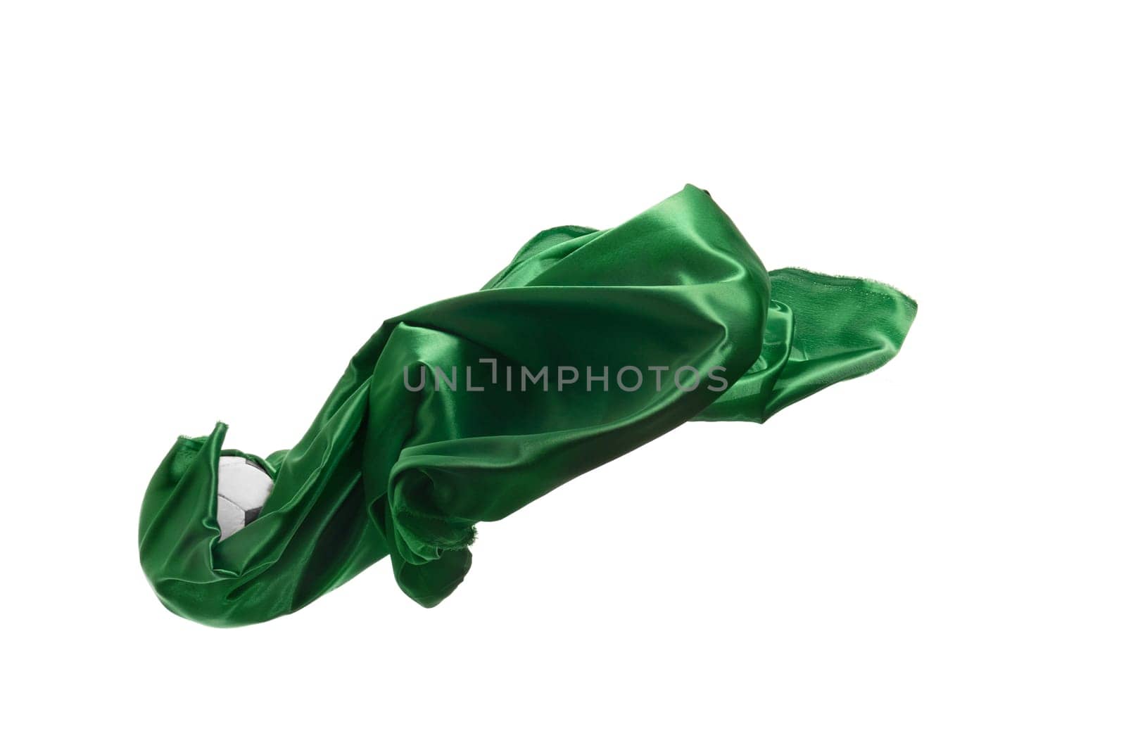 Smooth elegant transparent green cloth isolated or separated on white studio background. Texture of flying fabric.