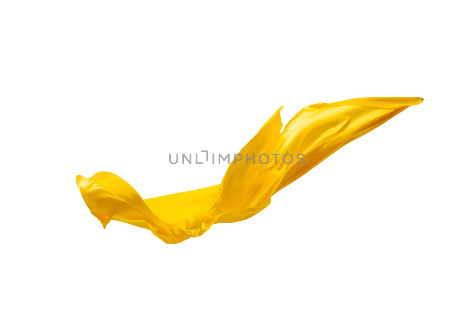Smooth elegant transparent yellow cloth isolated or separated on white studio background. Texture of flying fabric.