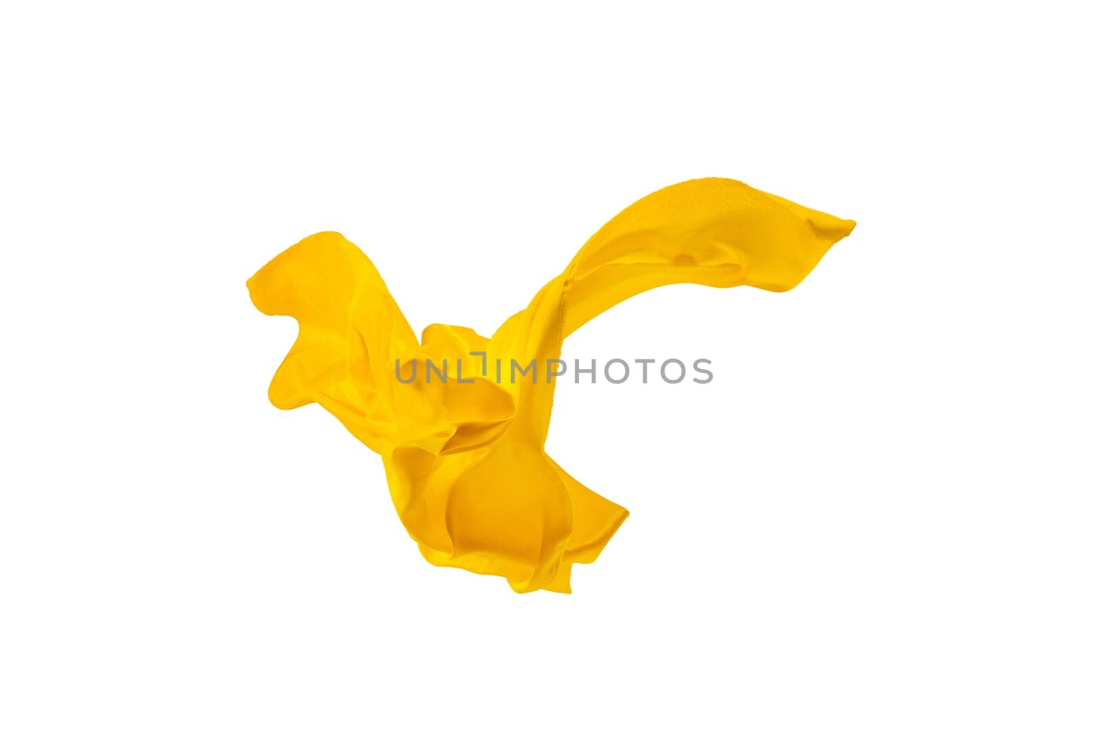 Smooth elegant transparent yellow cloth isolated or separated on white studio background. Texture of flying fabric.