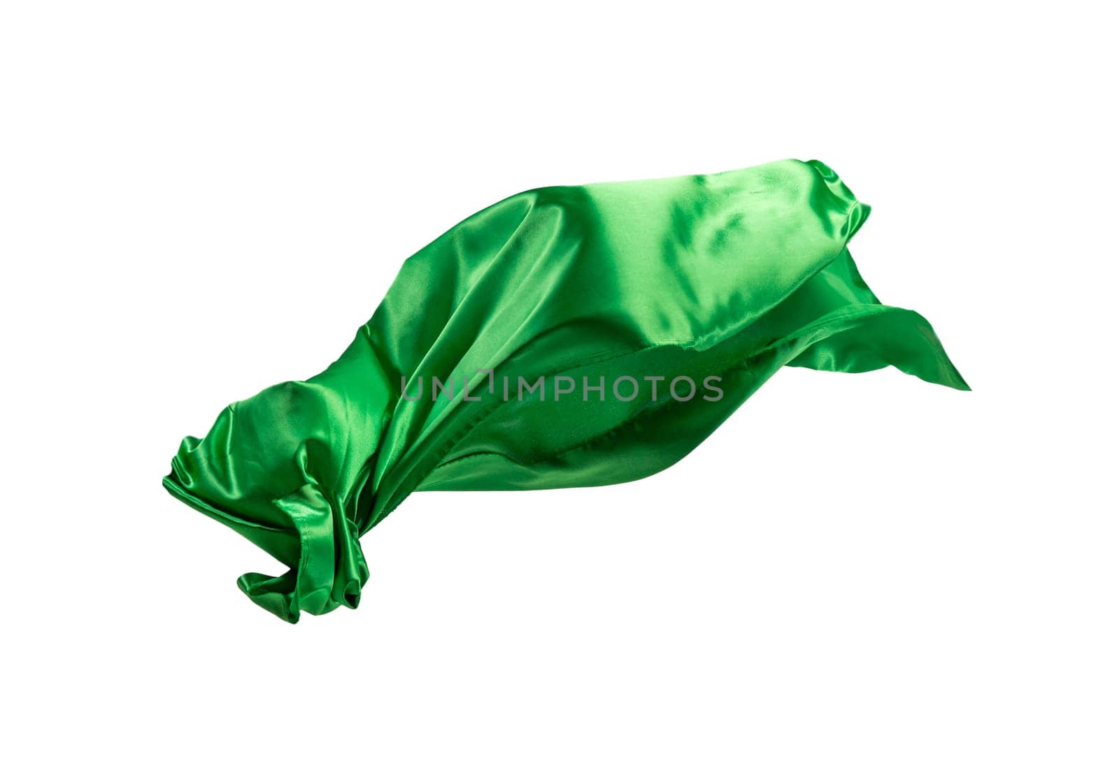 Smooth elegant transparent green cloth isolated or separated on white studio background. Texture of flying fabric.