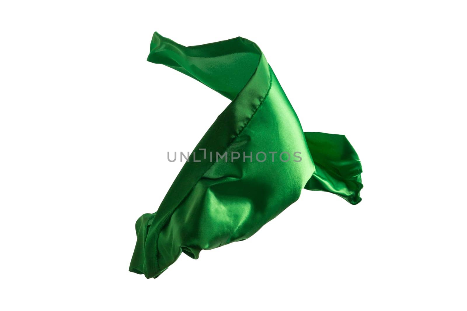 Smooth elegant transparent green cloth isolated or separated on white studio background. Texture of flying fabric.