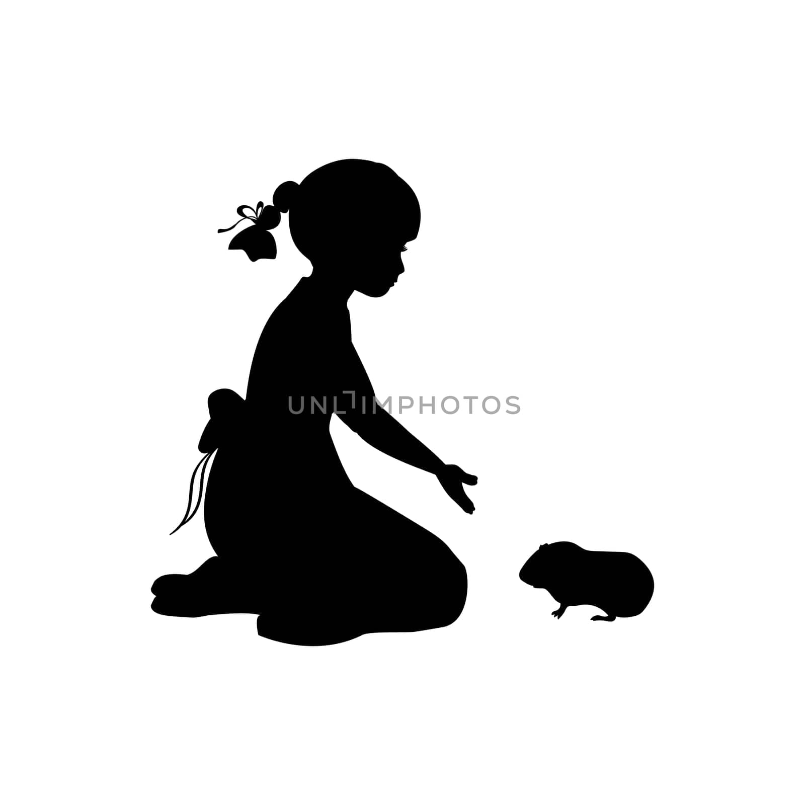Silhouette girl sitting knees beckon guinea pig. Vector illustration
