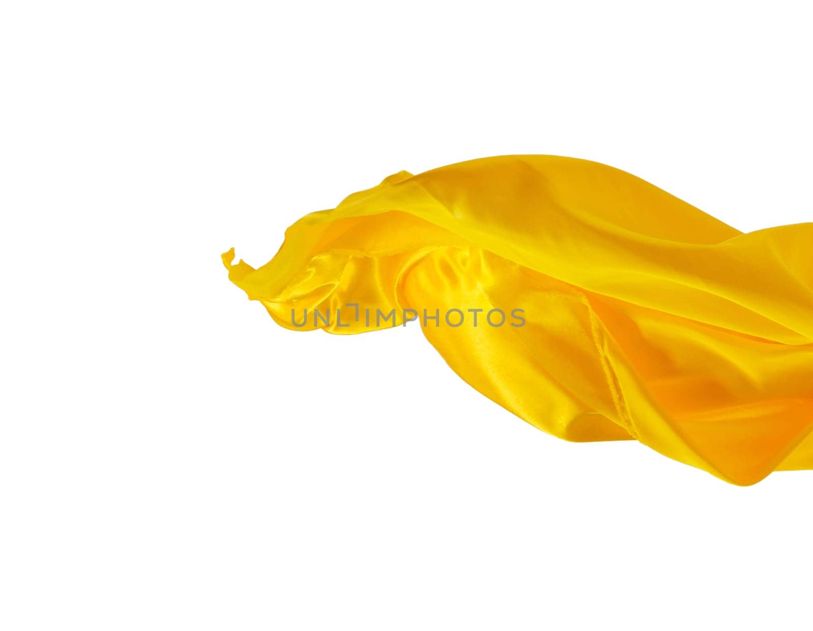 Smooth elegant transparent yellow cloth isolated or separated on white studio background. Texture of flying fabric.