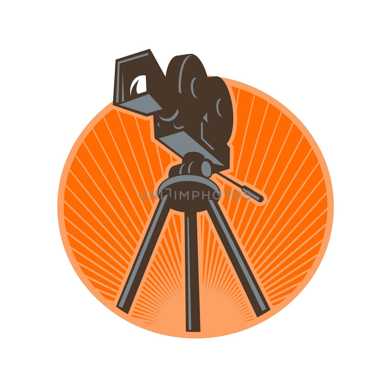 Icon retro style illustration of a Vintage 35mm Motion Picture Camera, film or movie camera set on tripod viewed from low angle worm's eye view set inside circle with sunburst on isolated background.