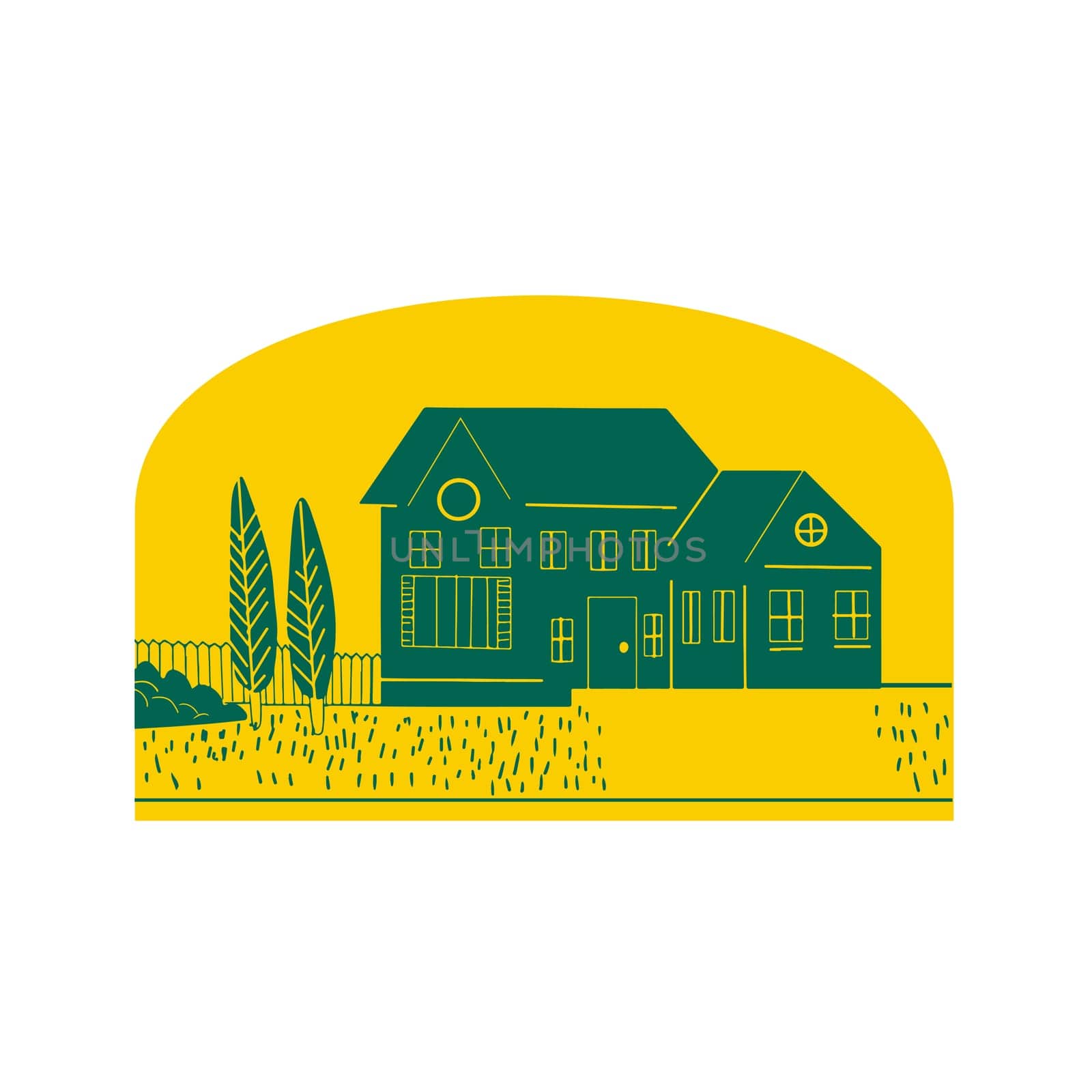 Retro style illustration of a vintage American house, home,residence or dwelling with front lawn, trees and fence set inside half circle on isolated background.