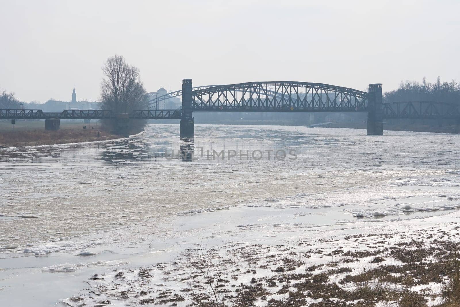 The river Elbe near Magdeburg with the lifting bridge in winter