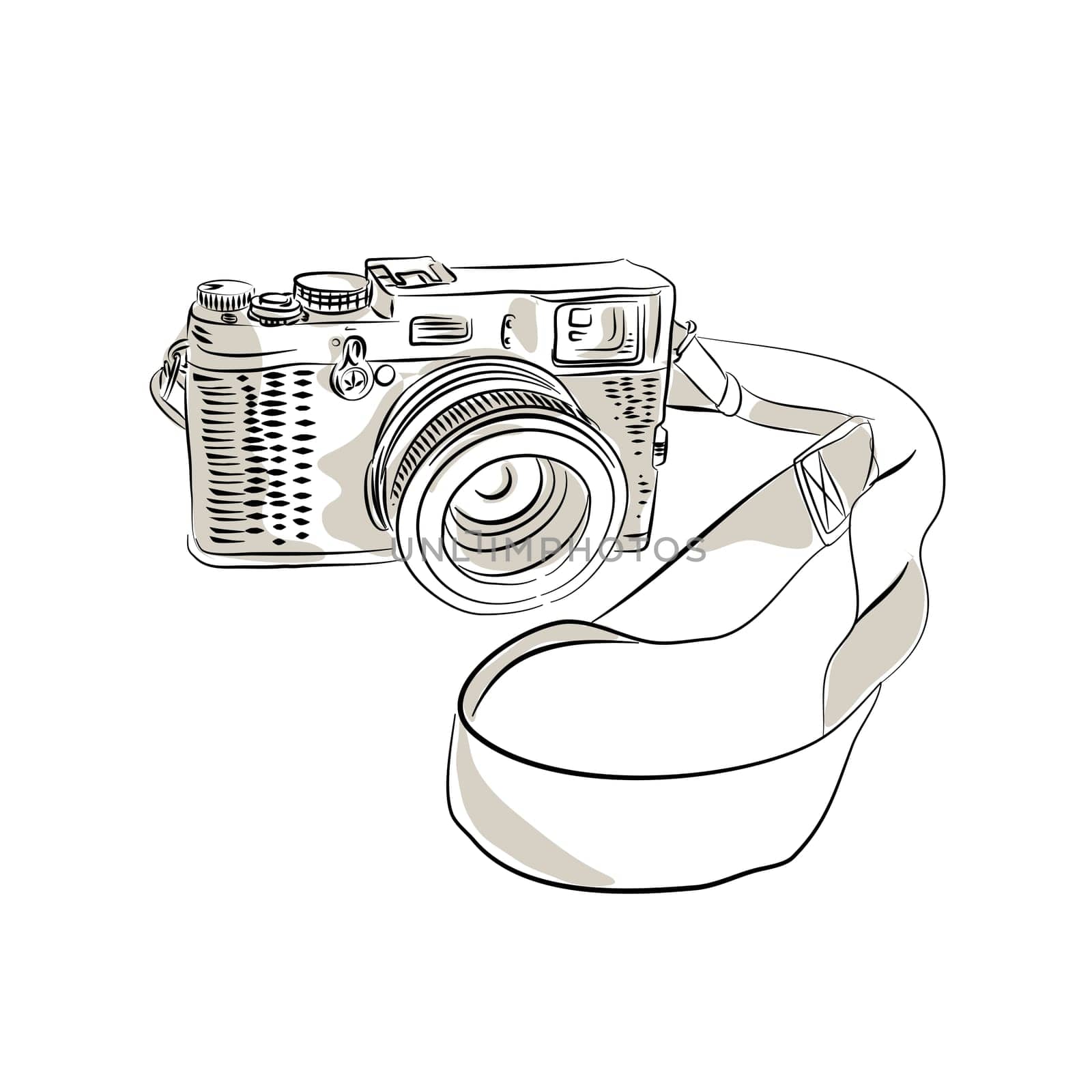 Drawing sketch style illustration of a vintage 35mm SLR  film camera with sling or strap and zoom lens on isolated background.