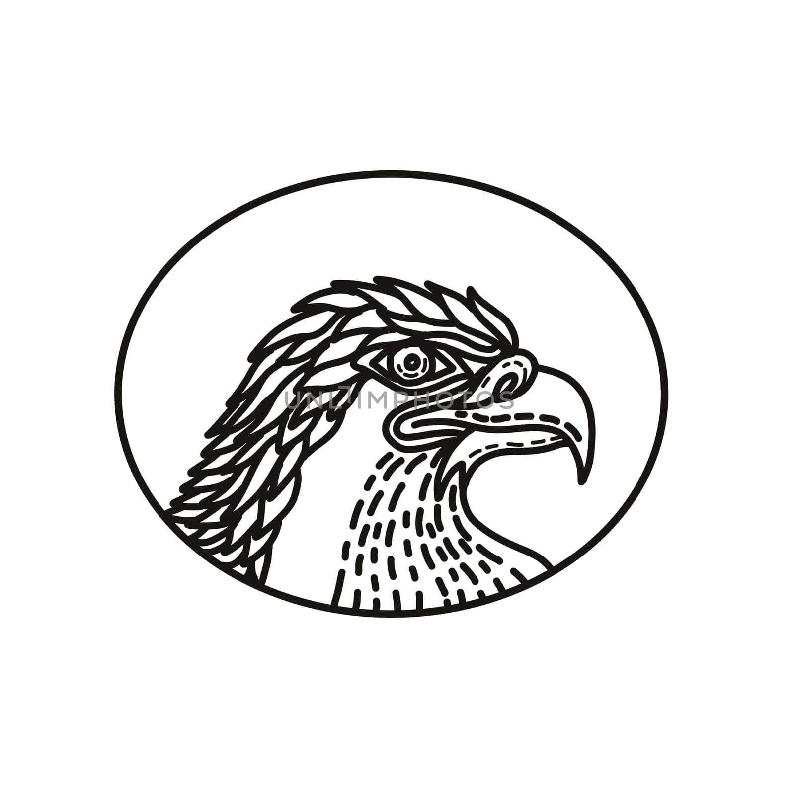 Mono line illustration of head of a sea eagle, bald eagle,a large bird of prey of the family Accipitridae,  viewed from side set inside oval shape done in monoline style.