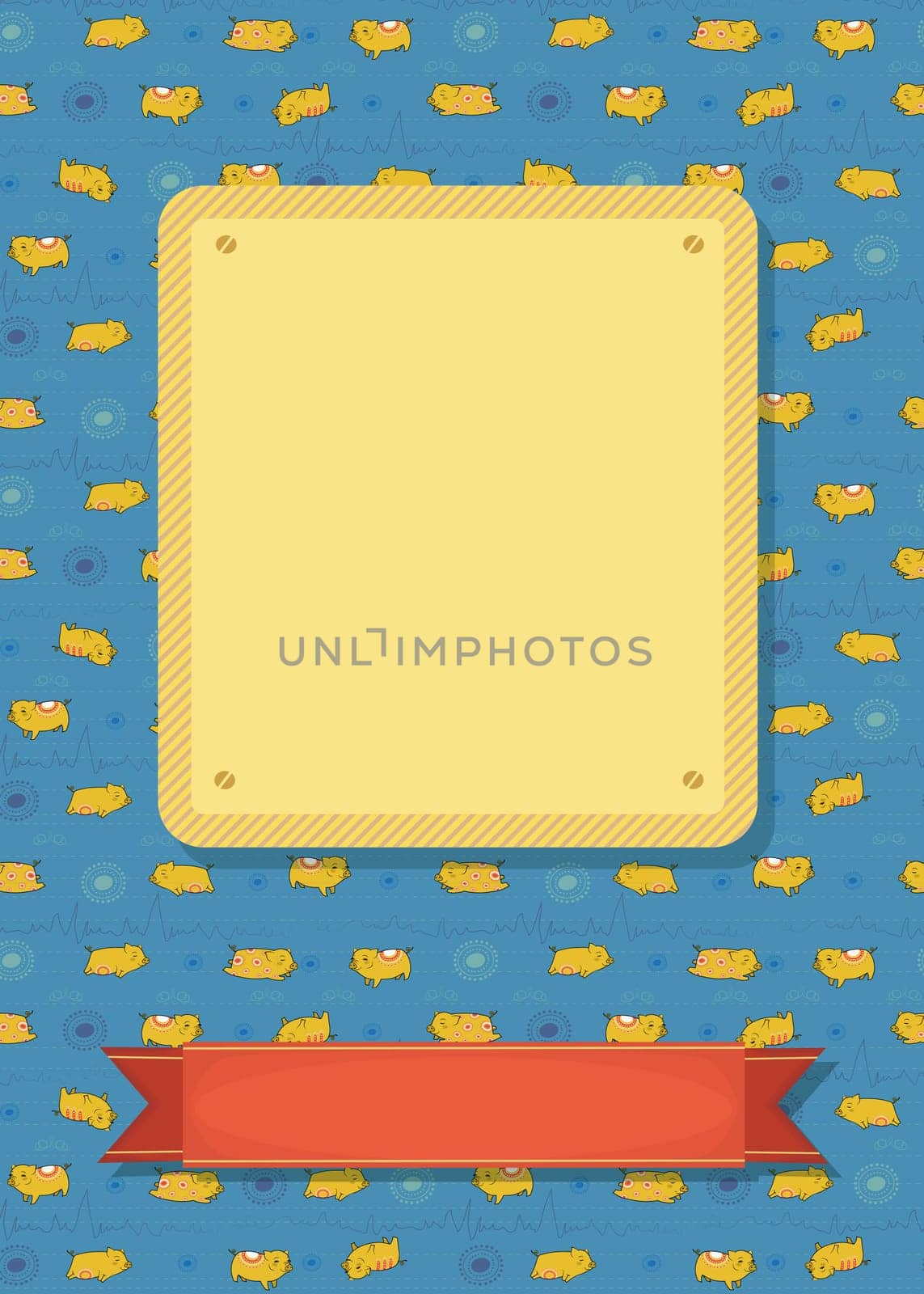 Greeting card. Cartoon funny yellow pigs with white decor. Yellow and red banners for custom text. Blue background