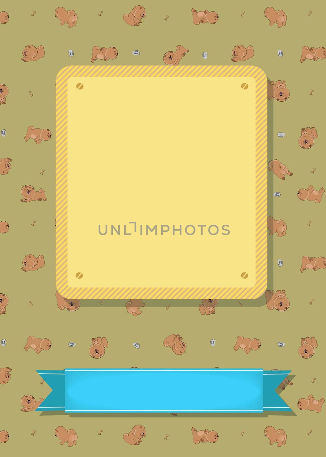 Retro greeting card. Cartoon brown dogs Chow-chow. Yellow and blue banners for custom text. Brown background