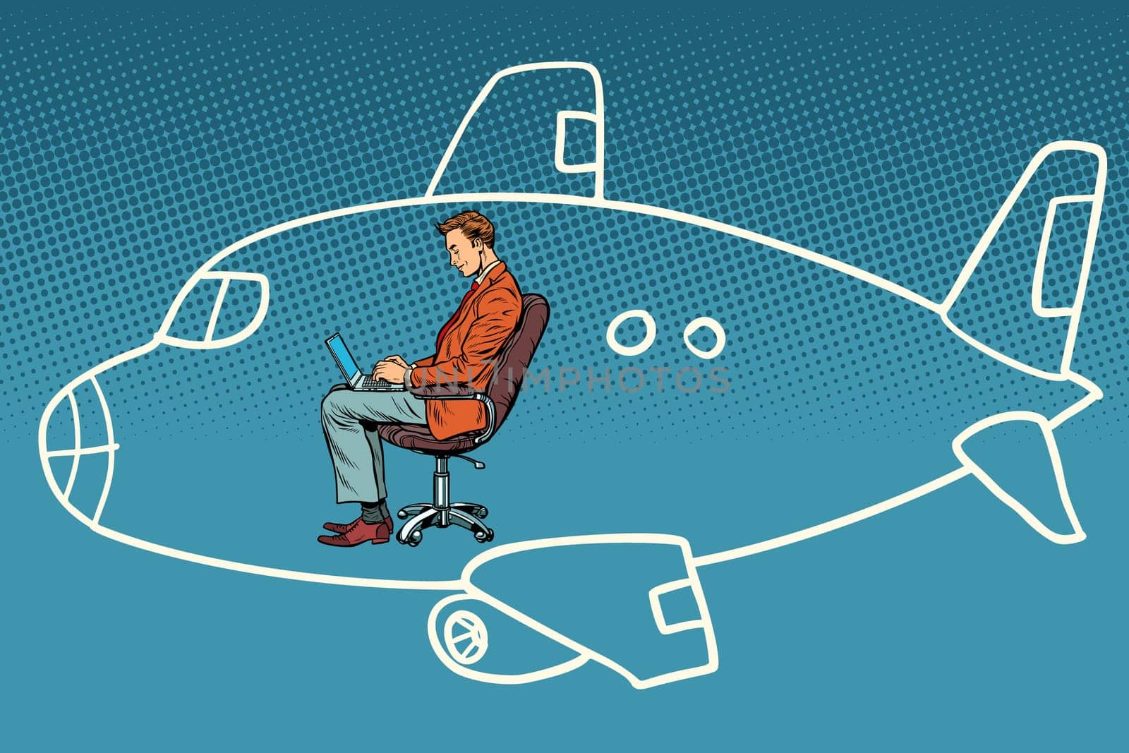 Businessman working on a laptop, dreams of flying in an airplane. Tourism and travel. Comic book cartoon pop art retro vector illustration vintage kitsch