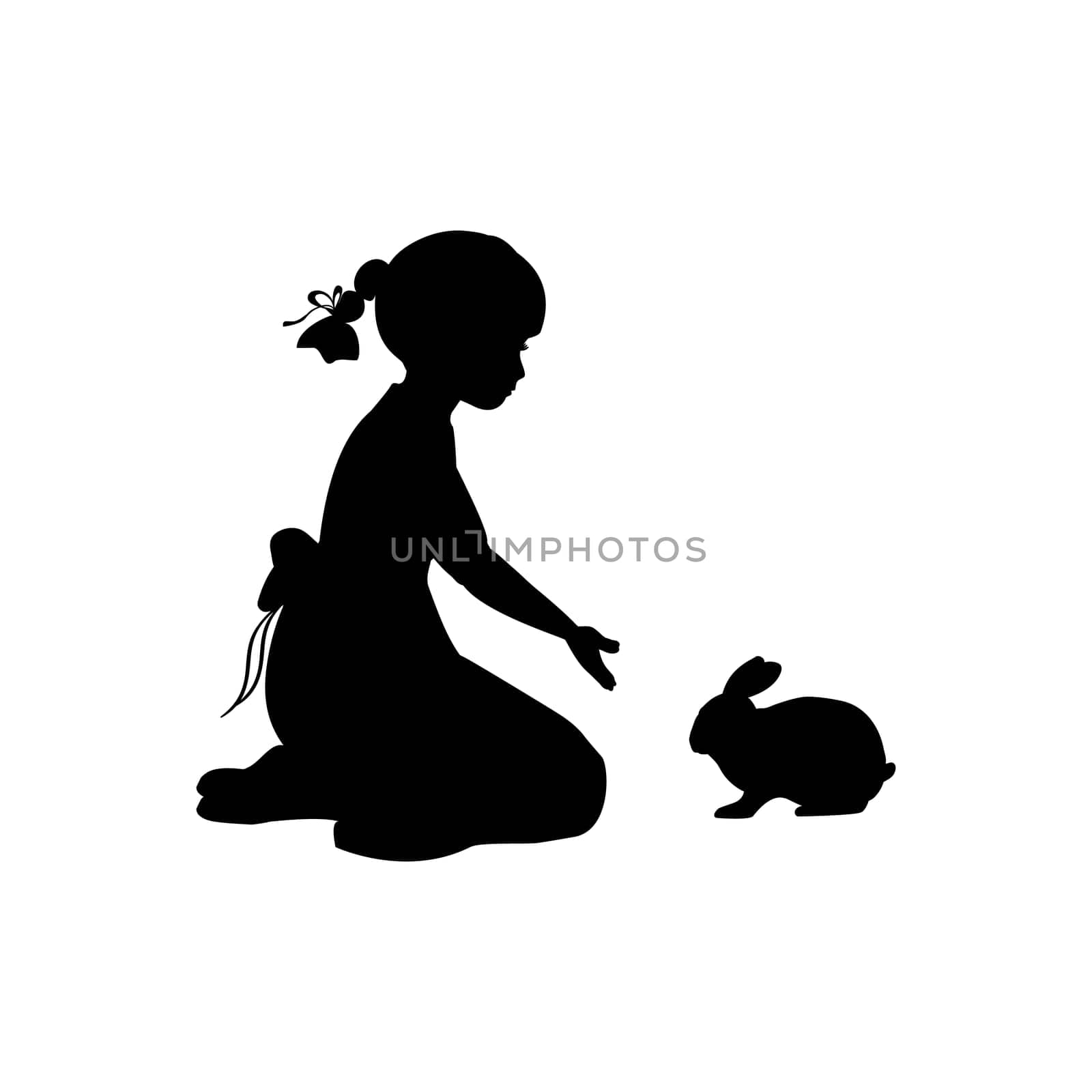 Silhouette girl sitting knees beckon rabbit. Vector illustration