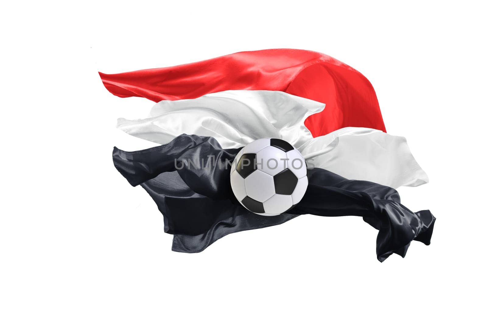 The national flag of Egypt. FIFA World cup. Russia 2018. Flag made of fabric. Football and soccer concept. Fans concept. Soccer ball with fabric. Isolated on white background. Flying flag.