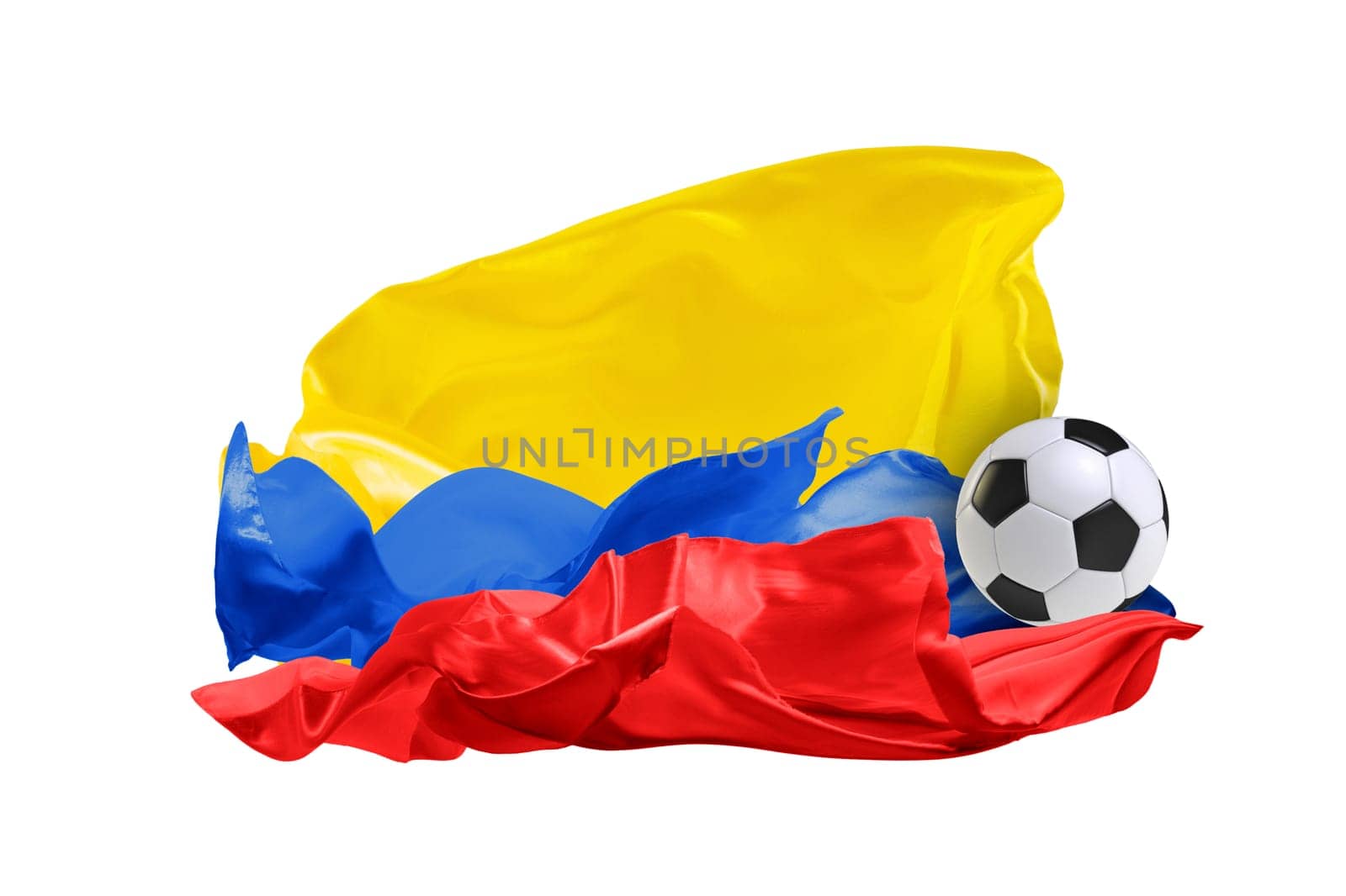 The national flag of Columbia. FIFA World cup. Russia 2018. Flag made of fabric. Football and soccer concept. Fans concept. Soccer ball with fabric. Isolated on white background. Flying flag.