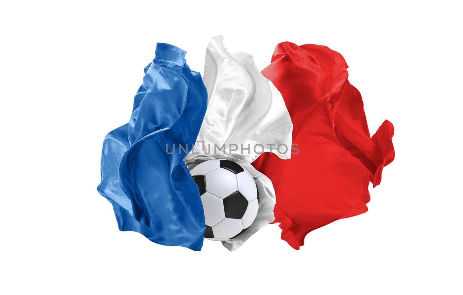 The national flag of France. FIFA World cup. Russia 2018. Flag made of fabric. Football and soccer concept. Fans concept. Soccer ball with fabric. Isolated on white background. Flying flag.