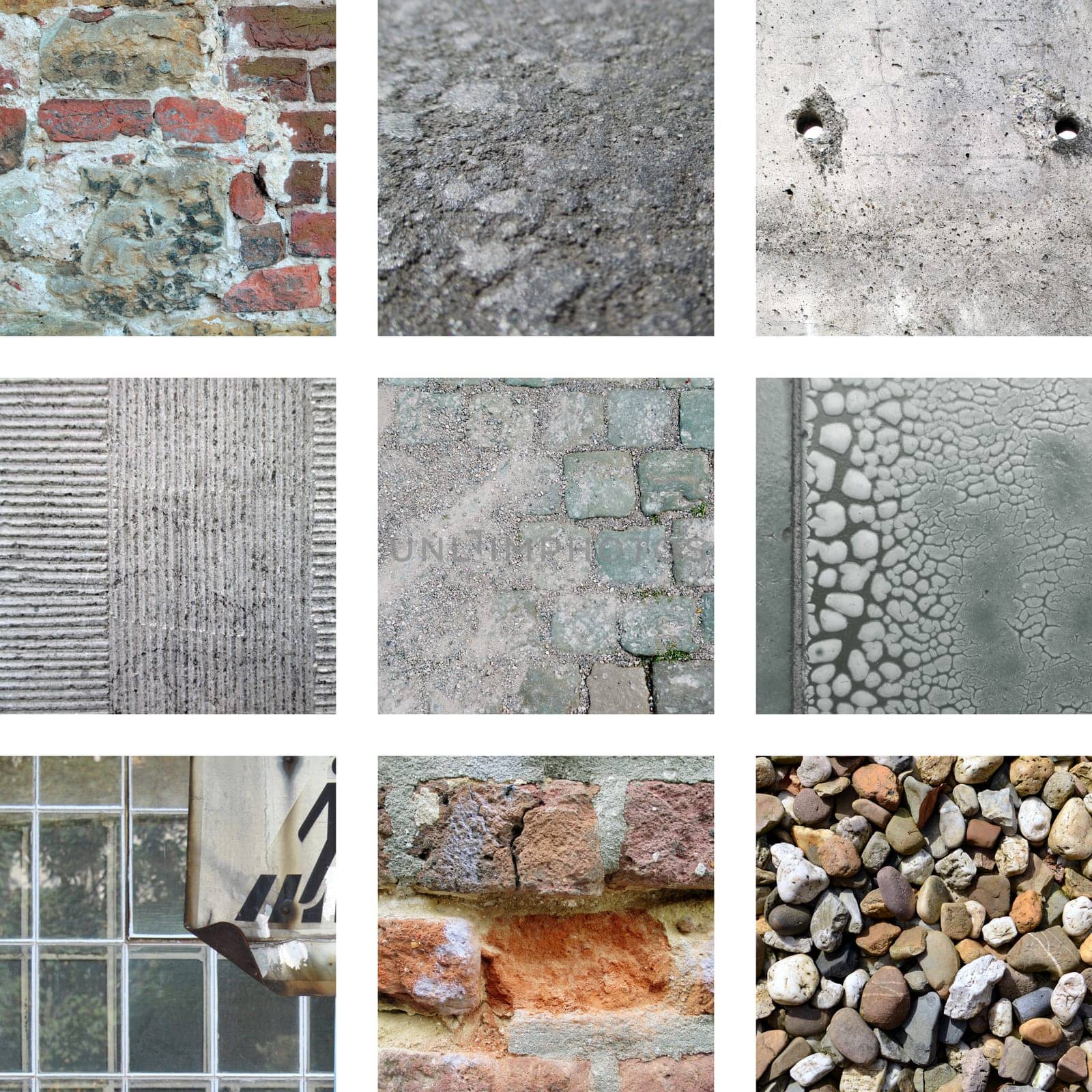 Nine pictures of old stones and weathered walls