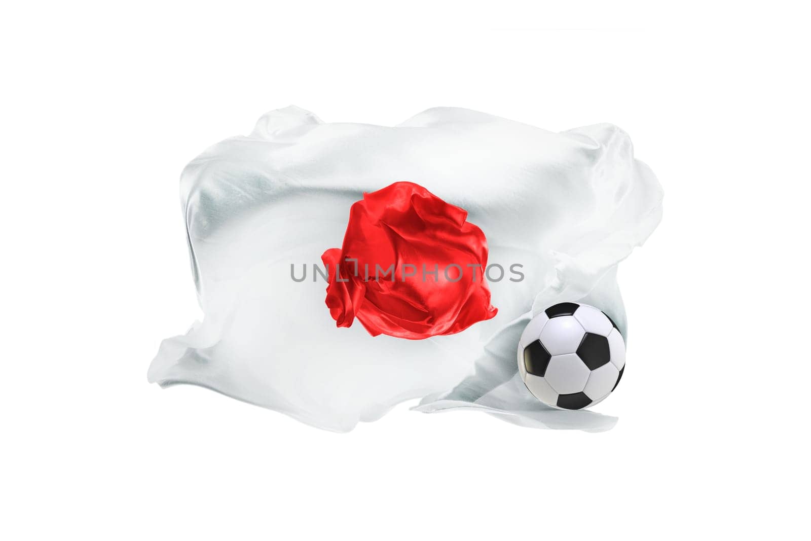 The national flag of Japan. FIFA World cup. Russia 2018. Flag made of fabric. Football and soccer concept. Fans concept. Soccer ball with fabric. Isolated on white background. Flying flag.