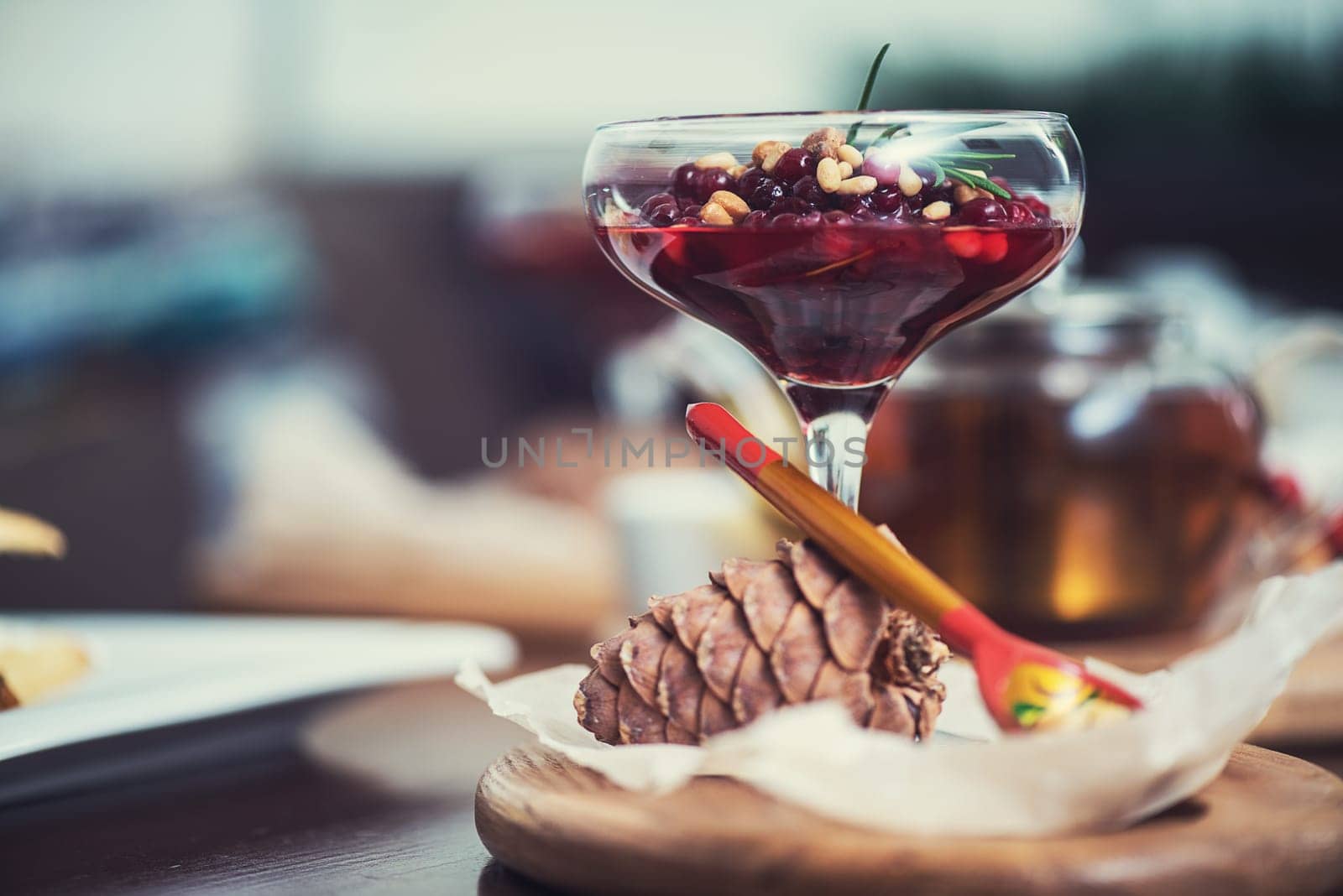 Tasty dessert from beriies with pine seed