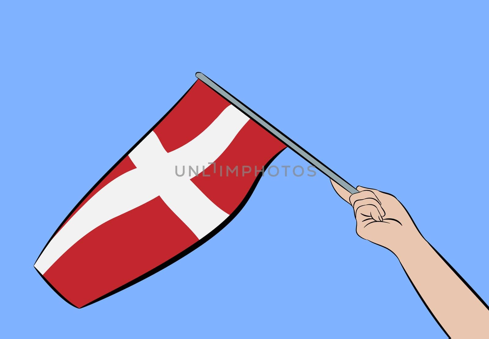 Female hand waving the flag of Denmark on a blue sky, vector illustration