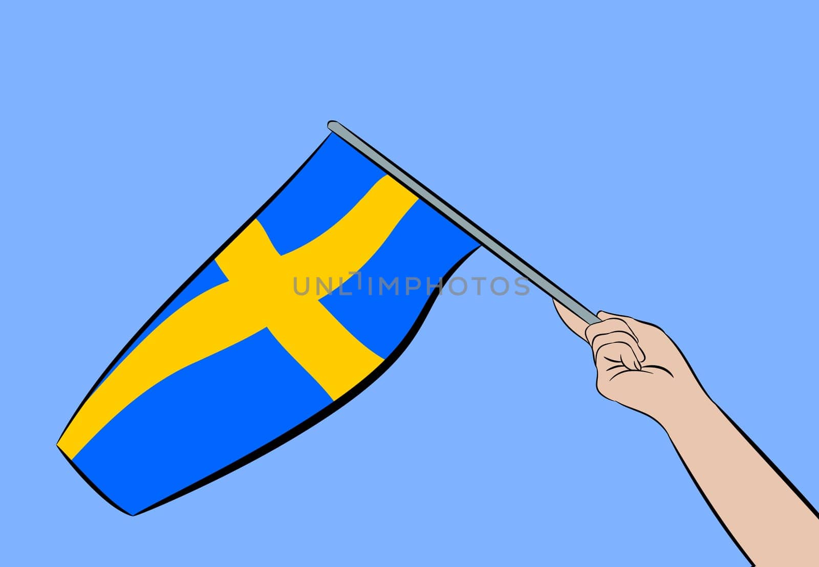 Female hand waving the flag of Sweden on a blue sky, vector illustration