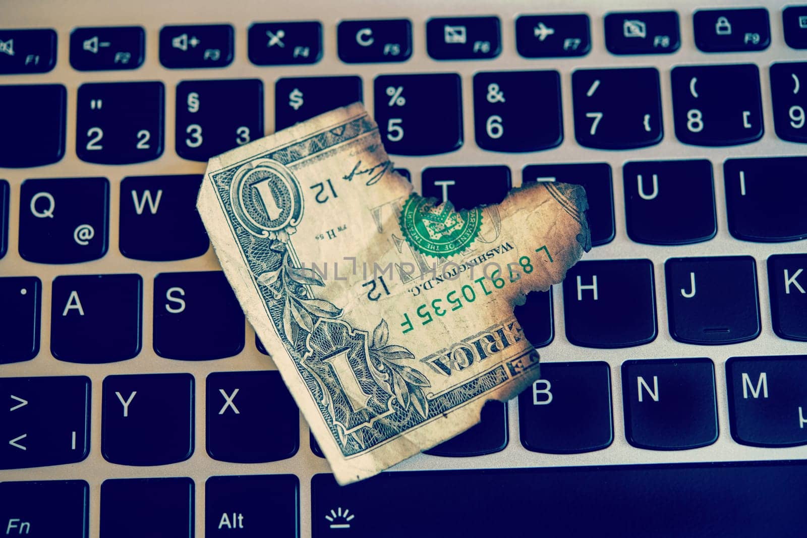 still life- computer keyboard with burned dollar bank notes