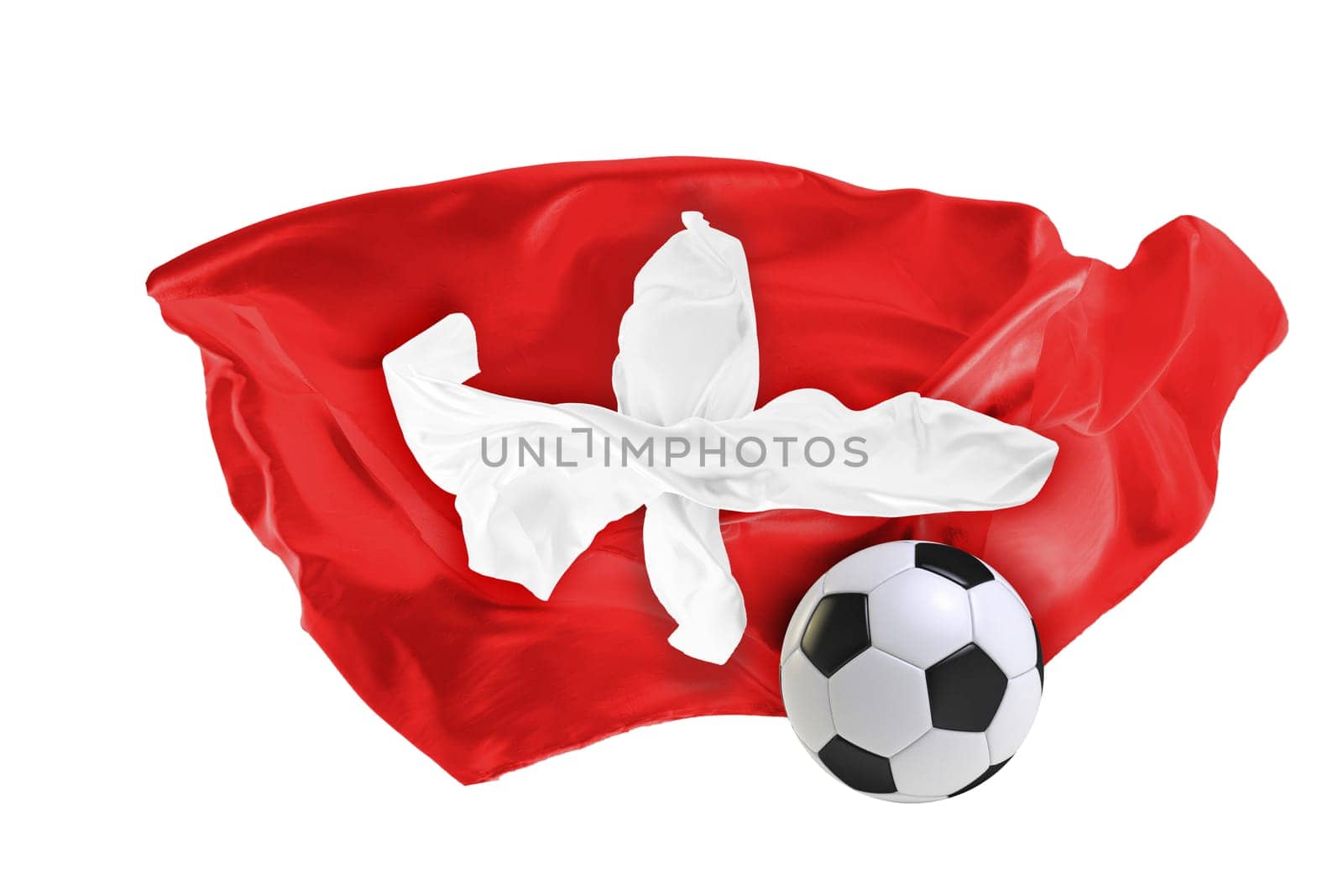 The national flag of Switzerland. World cup. Russia 2018. Flag made of fabric. Football and soccer concept. Fans concept. Soccer ball with fabric. Isolated on white background. Flying flag.