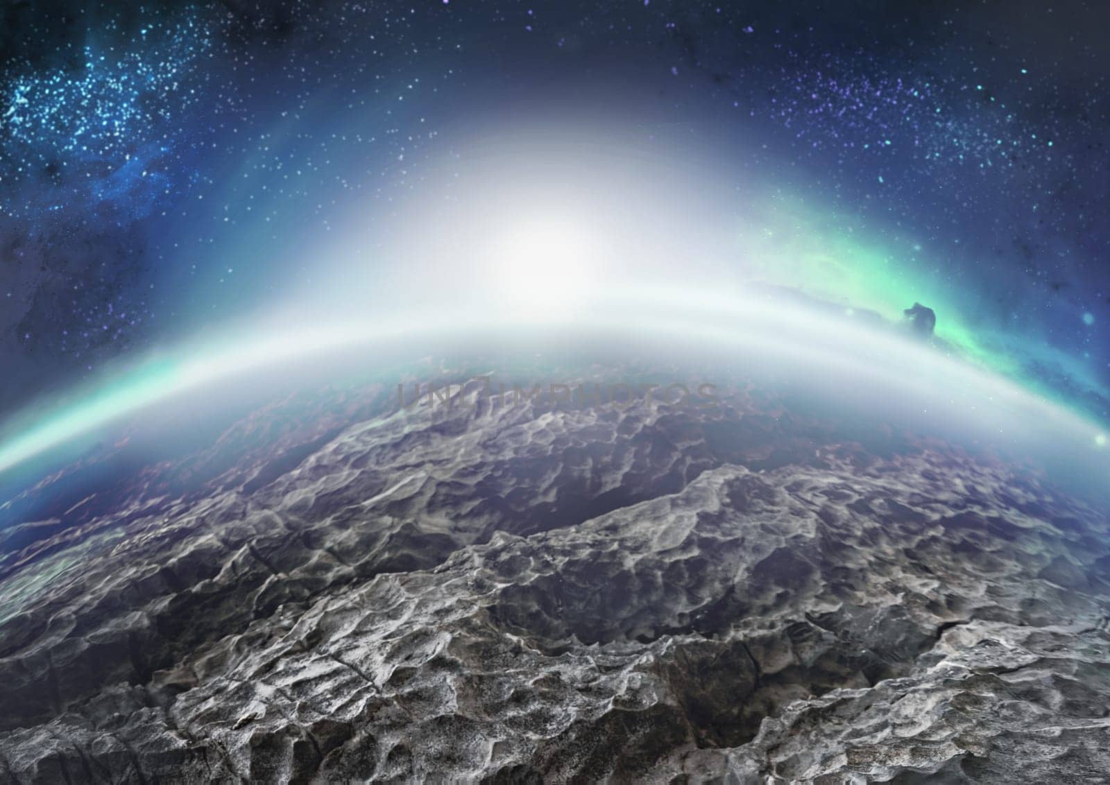 Extraterrestrial landscape of distant icy planet with nebulae and one moon on its sky