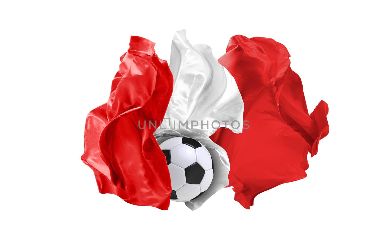 The national flag of Peru. World cup. Russia 2018. Flag made of fabric. Football and soccer concept. Fans concept. Soccer ball with fabric. Isolated on white background. Flying flag.