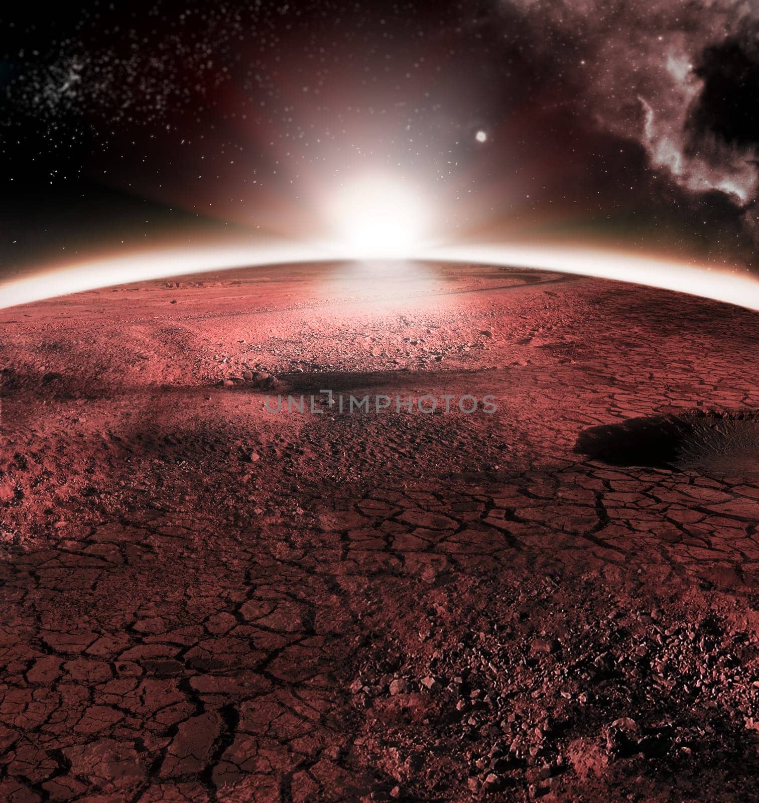 The abstract red landscape of Mars planet. Looks like cold desert on Mars with stars